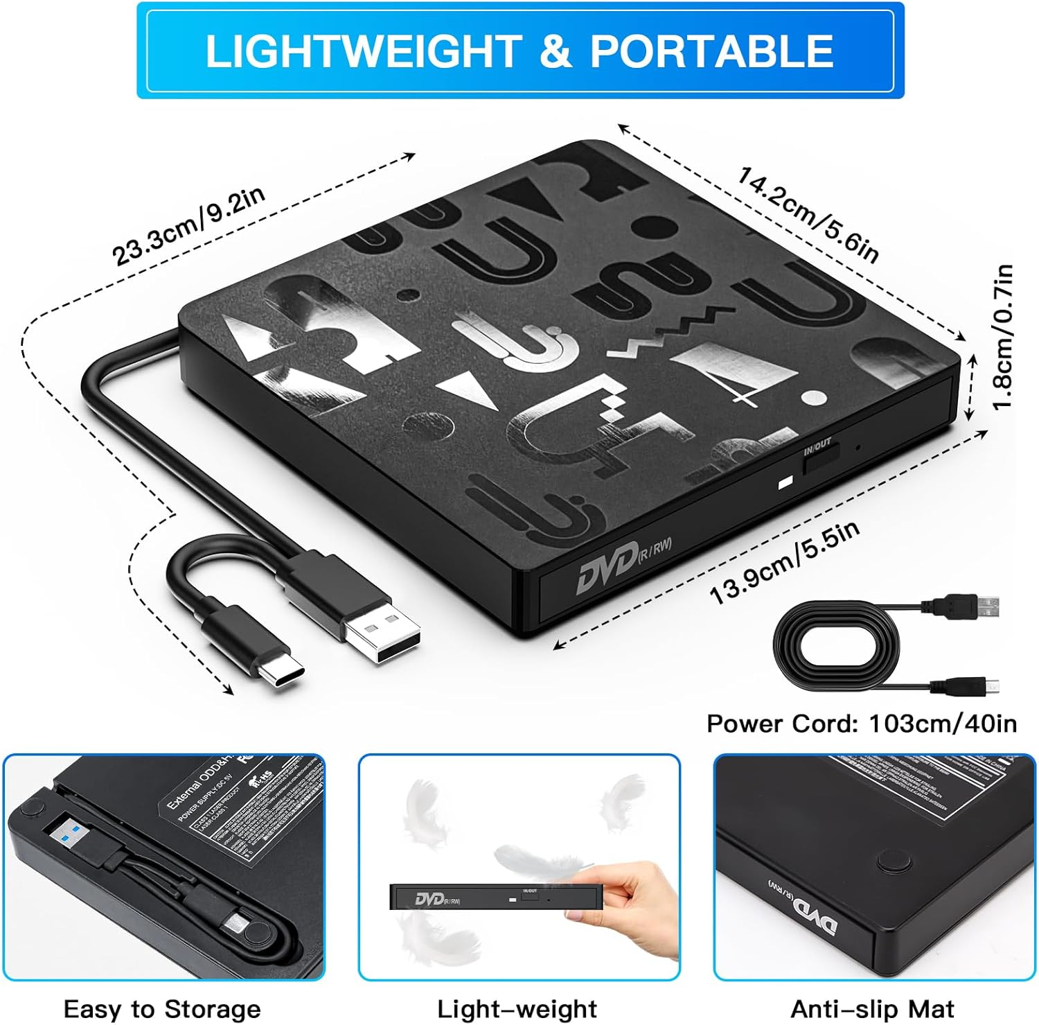 Bluefire USB C Laptop Drive, External CD DVD Drive, High Speed Data Transfer, Compatible with Window 11/10/8/7, Laptop, PC image number 2