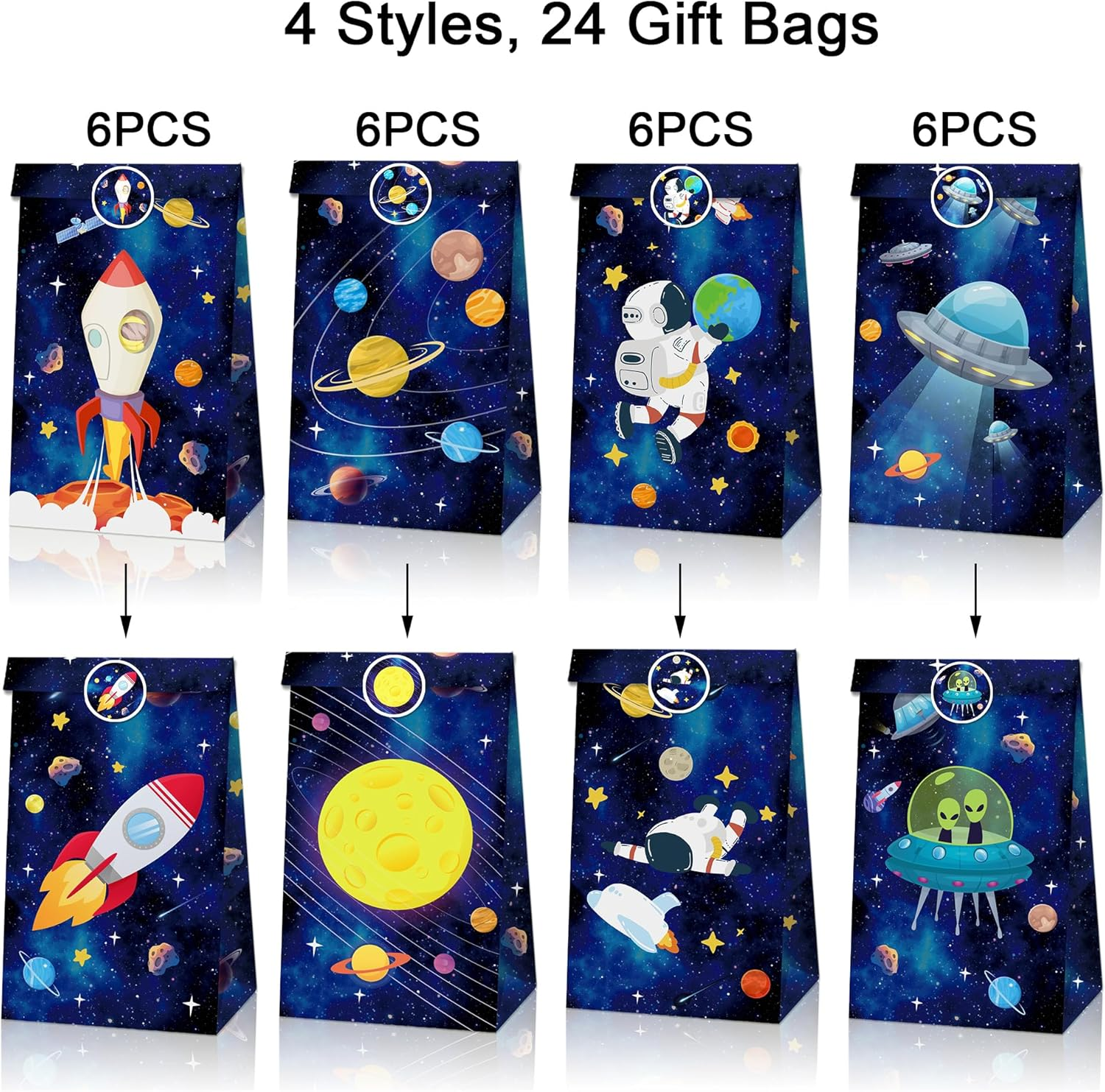 Outer Space Party Favor Bags - 24 Pack with 36 Stickers, Planet Galaxy Candy Bags - Goodie Bags for Birthday, Baby Shower, Space Theme Party - Jungle Safari image number 3