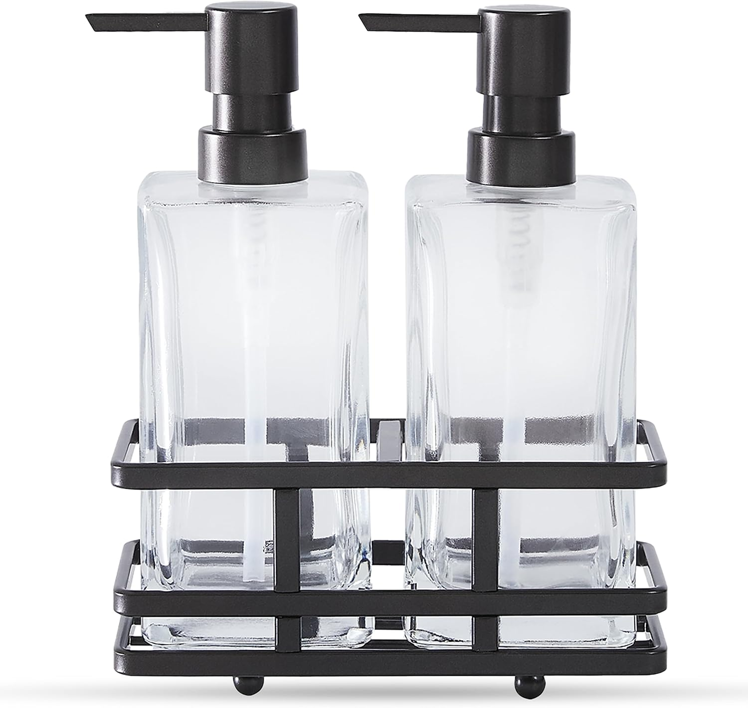 Square Glass Clear Lotion and Soap Pump Dispenser Set with Metal Stand Caddy for Bathroom Bath Kitchen Home Office Travel Hotel Hand Crafted Heavy Weight (Oil Rubbed Bronze)