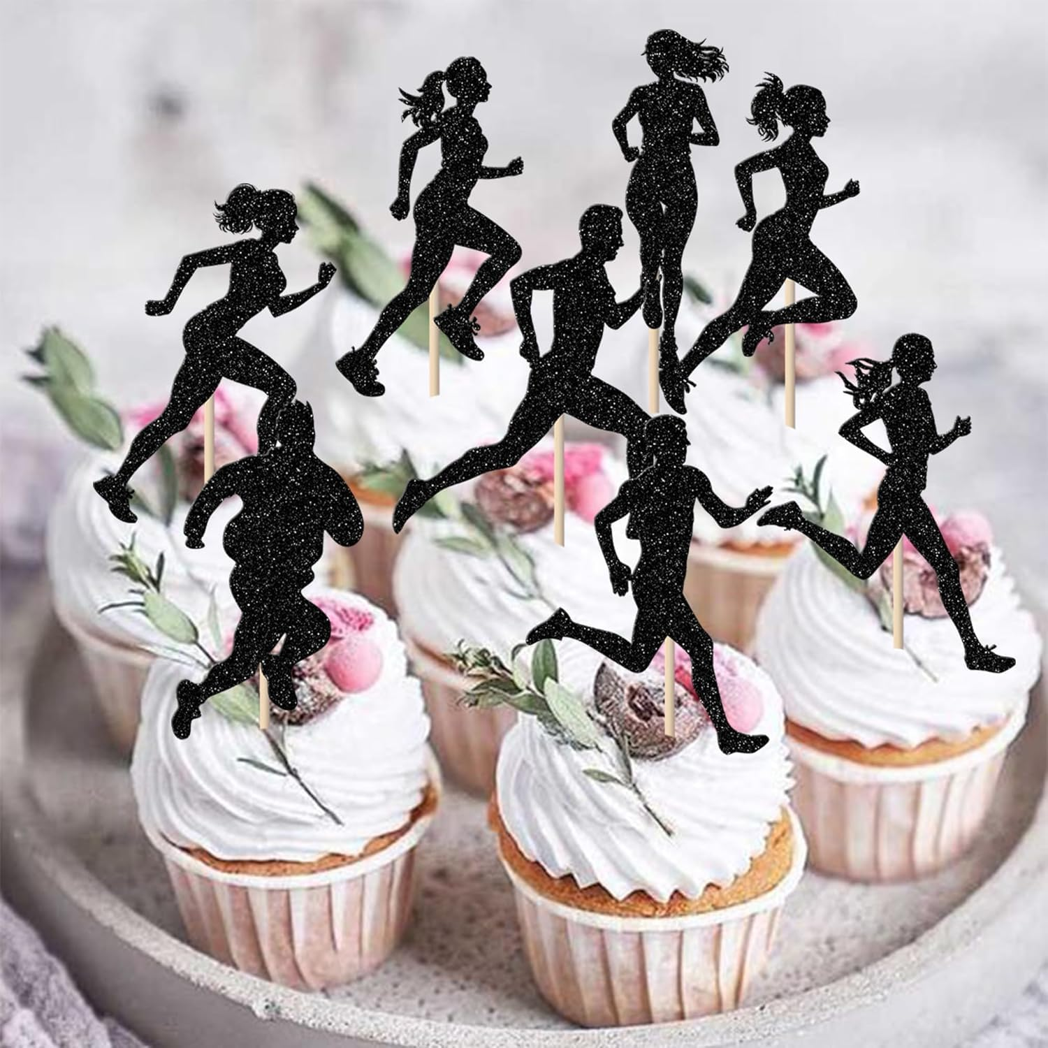 SYKYCTCY 24 Pack Running Cupcake Toppers Black Glitter Sports Fitness Cupcake Picks for Running Theme Boys Girl Kids Birthday Party Cupcake Decorations Supplies image number 1