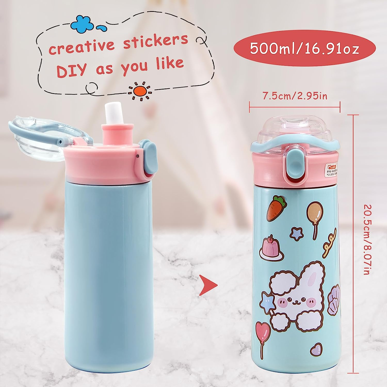 500Ml Kids Water Bottle with One-Click-Open Straw Lid 17Oz, Vacuum Insulated 304 Stainless Steel Water Bottles for School, Leakproof Toddler Water Bottle, BPA Free Sweat & Leak-Proof image number 2