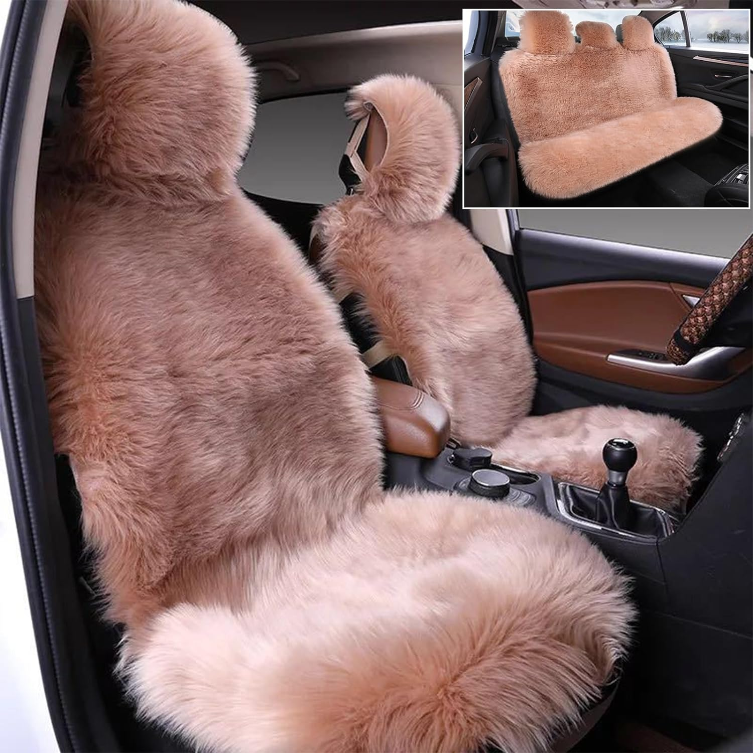 Universal Sheepskin Car Seat Covers, 3Pcs Full Sets, Anti-Slip Long Fluffy Auto Front Seat Covers, Luxury Fur Rear Bench Car Seat Cover, Car Seat Pads Winter Warm Accessories