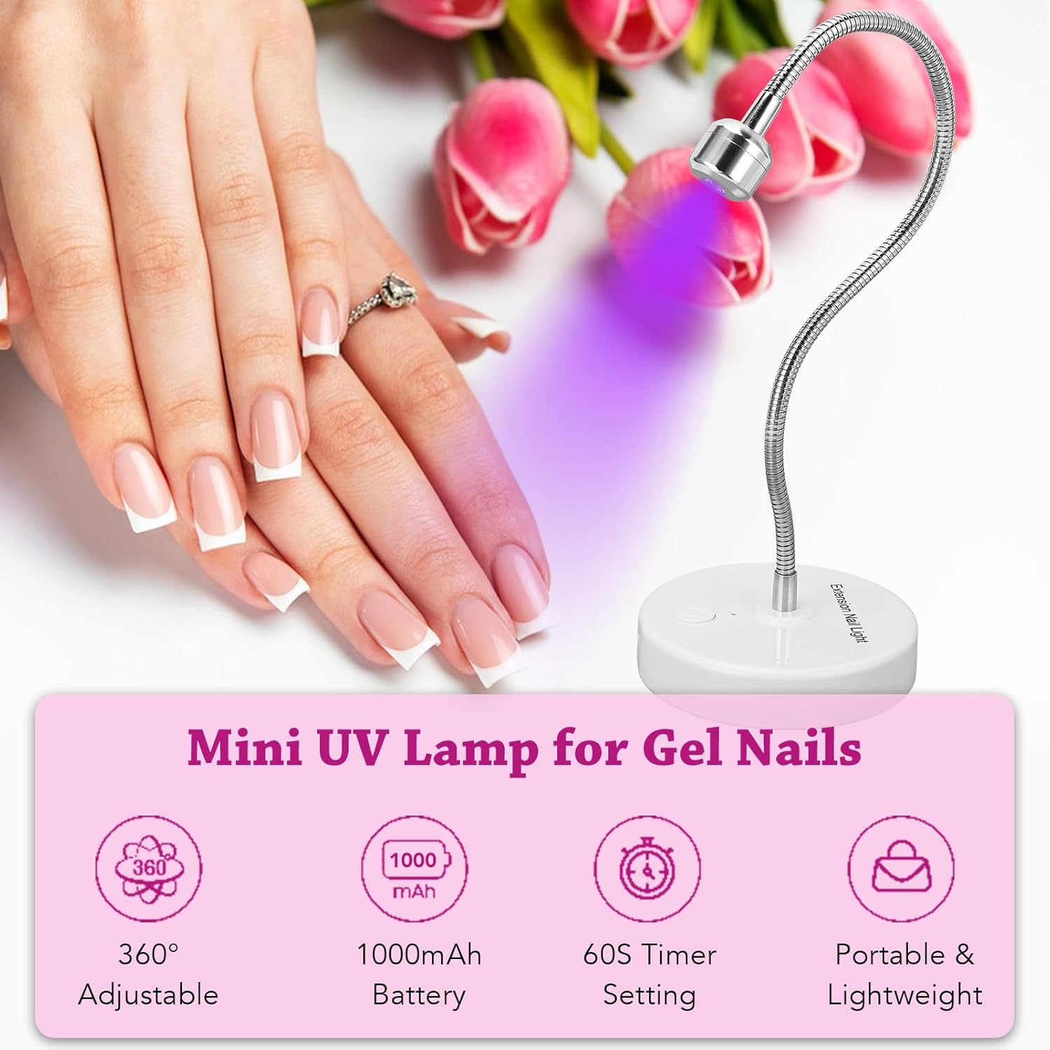 Diyeeni UV Nail Lamp, Gel X Nail Lamp Flash with Gooseneck, Portable USB Gel Dryer UV Light for Home DIY Manicure, 60S Tming, Built in 1000Mah Battery, 3W image number 4