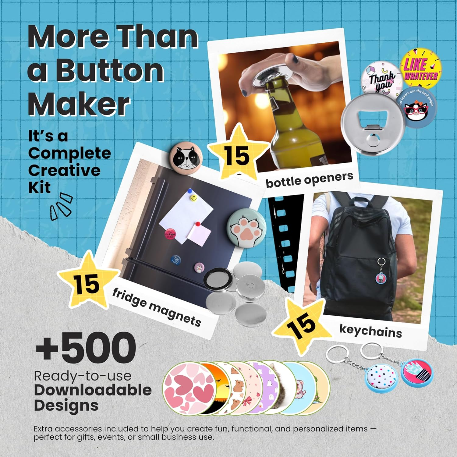 Nice2Have Button Maker Machine Multiple Sizes 25-32-58Mm - (500 Buttons,15 Bottle Openers,15 Fridge Magnets,15 Keychain Buttons, 500+ Free Designs,3 Circle Cutters) - Pin Maker Machine - Blue - Multi Mold image number 5