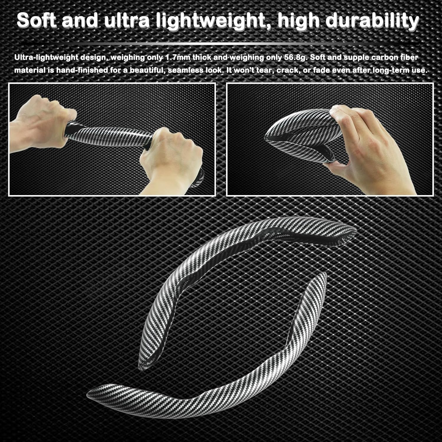 Carbon Fiber Steering Wheel Cover, Snap on Car Steering Wheel Cover Set Accessories Wrap Grip Non Slip Protector Universal (Laser Carbon Silver) image number 6