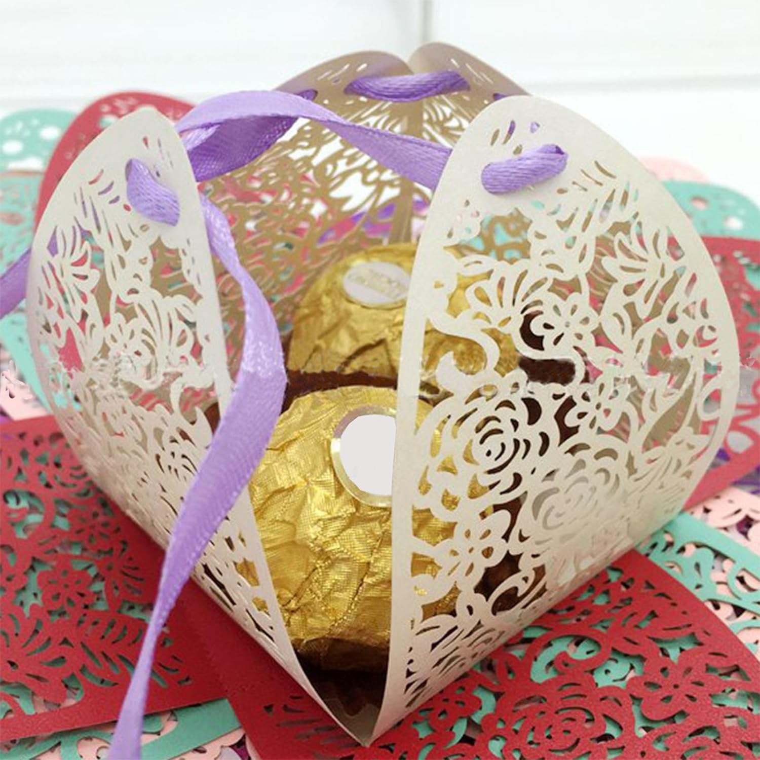 Auto-Plaza 50 Pieces Beauty Laser Cut Favor Boxes DIY Wedding Birthday Gift Candy Boxes with Ribbons (Skyblue) - Gold image number 6