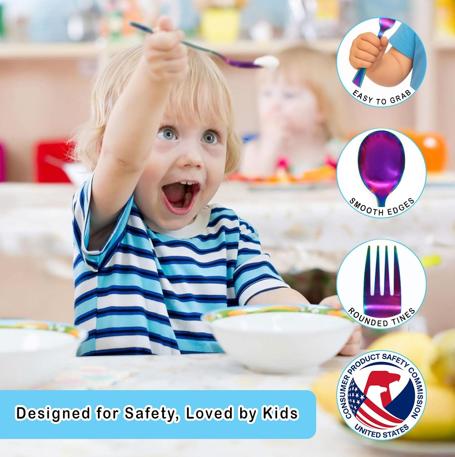 12 Piece Stainless Steel Kids Silverware Set - Child and Toddler Safe Flatware - Utensil Set Includes 4 Small Spoons, 4 Forks & 4 Knives - UV Rainbow image number 4