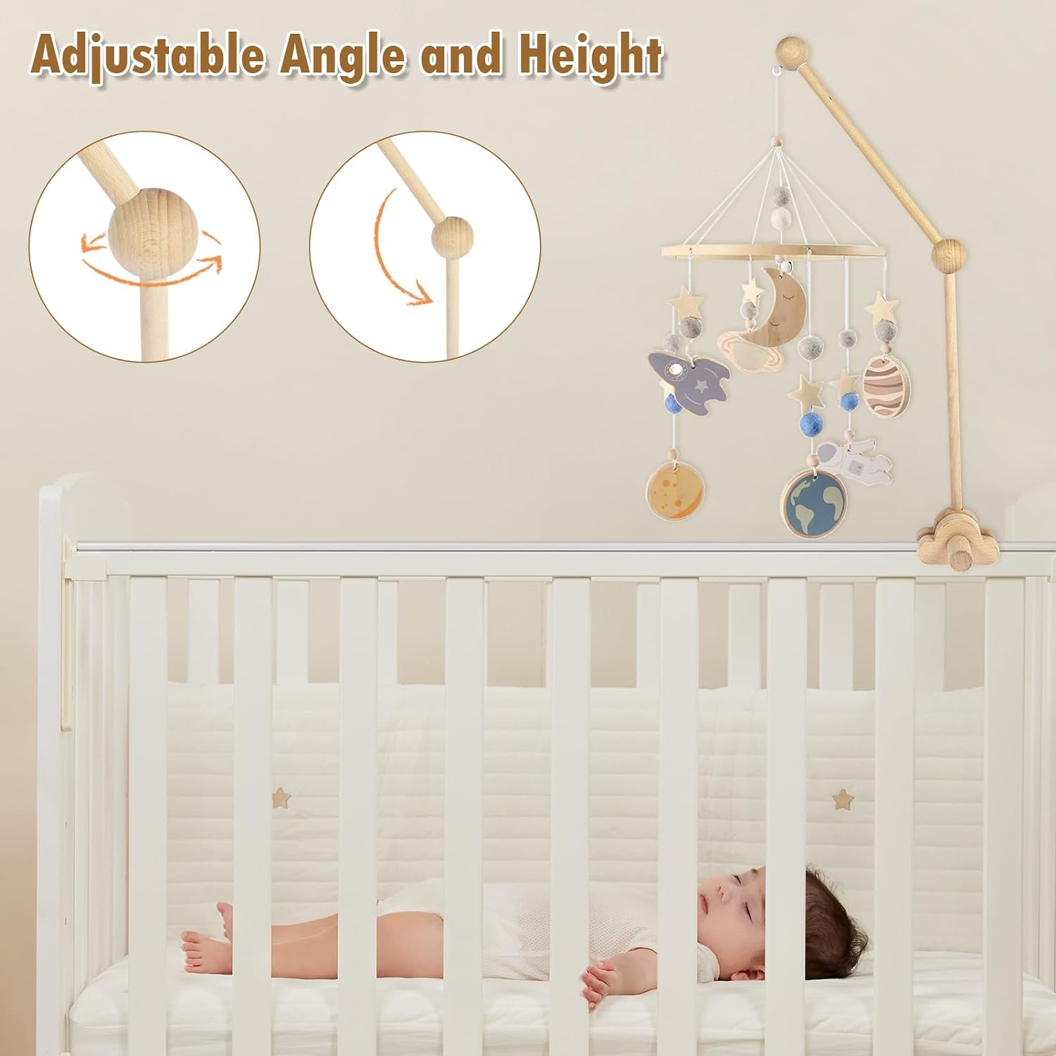 27Inch Baby Crib Mobile Arm，Wooden Mobile Arm for Crib Baby Nursery Mobile Hanger for Crib, Adjustable Angle Height Cot Mobile Holder for Crib Mini Crib Mobile Arm(Log Color)