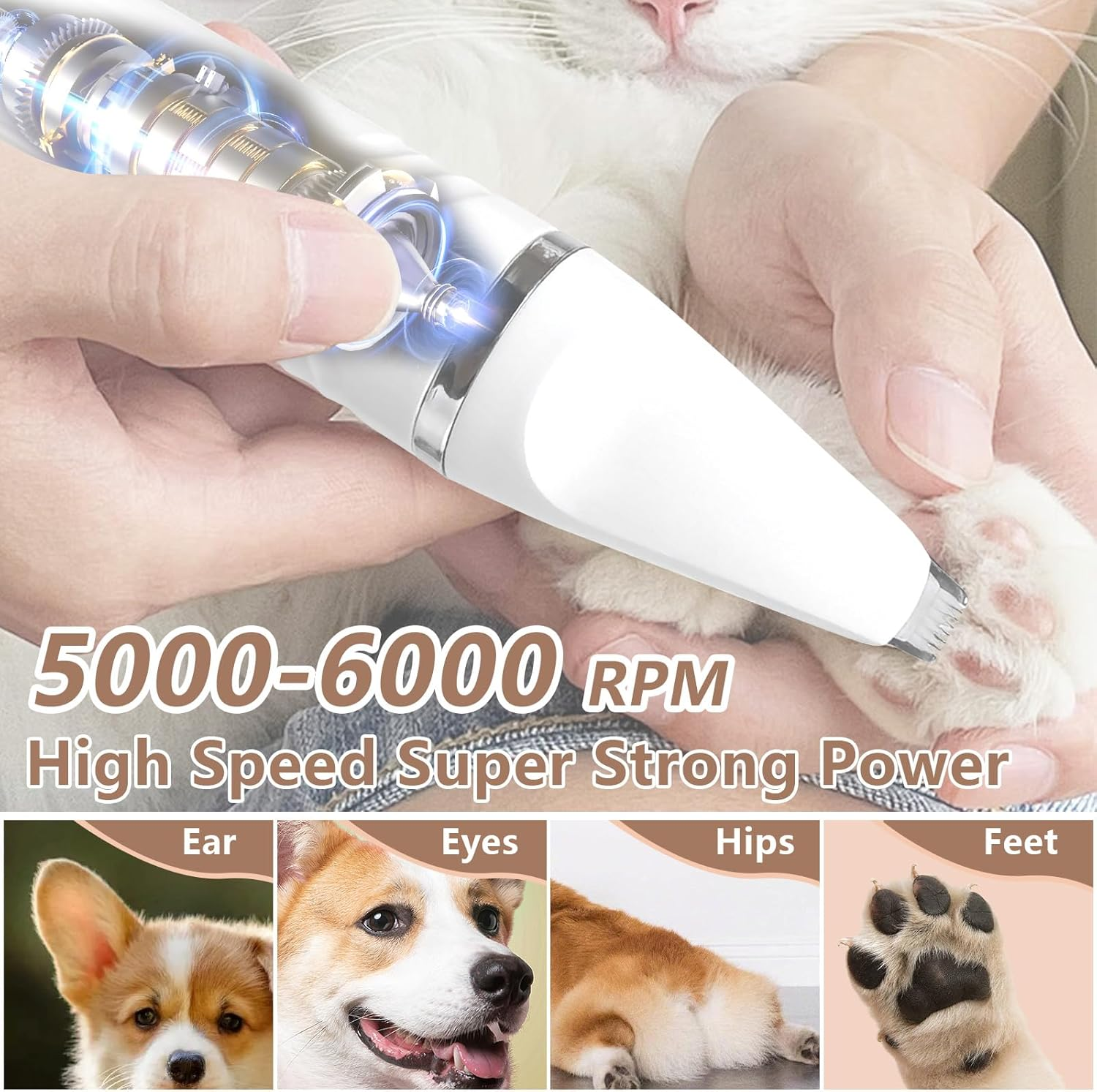 Dog Grooming Kit, 4 in 1 Dog Clippers with 3 Cutter Head and 1 Dog Nail Grinder, Low Noise 55Db Dog Paw Trimmer for Trimming Dog'S Hair around Paws, Eyes, Ears, Face, Rump [4 Guide Combs] (White) image number 3