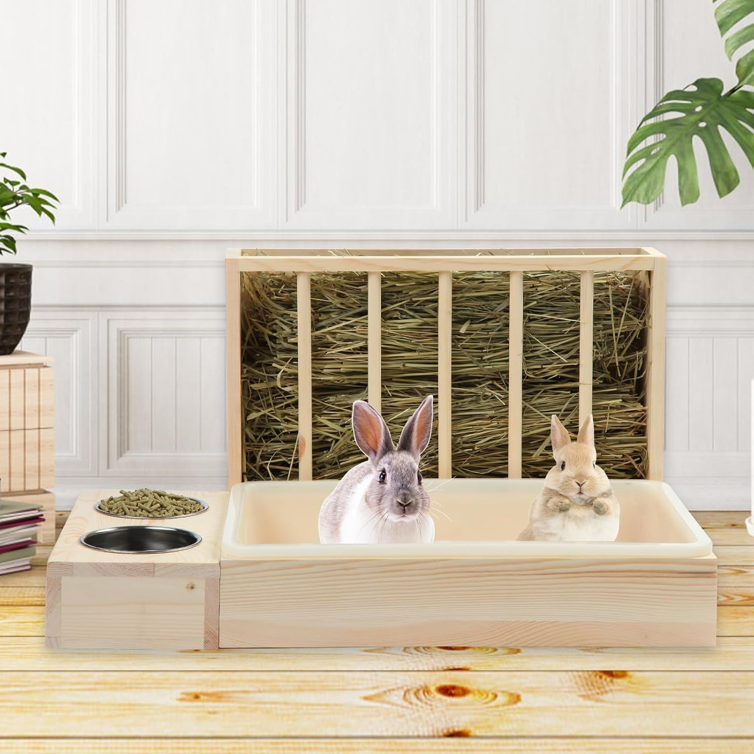 Wooden Rabbit Hay Feeder with 3-In-1 Litter Box and Bowls, Small Animal Rack for Guinea Pigs, Chinchillas, Hamsters, and Dwarf Rabbits - Wood Color image number 5