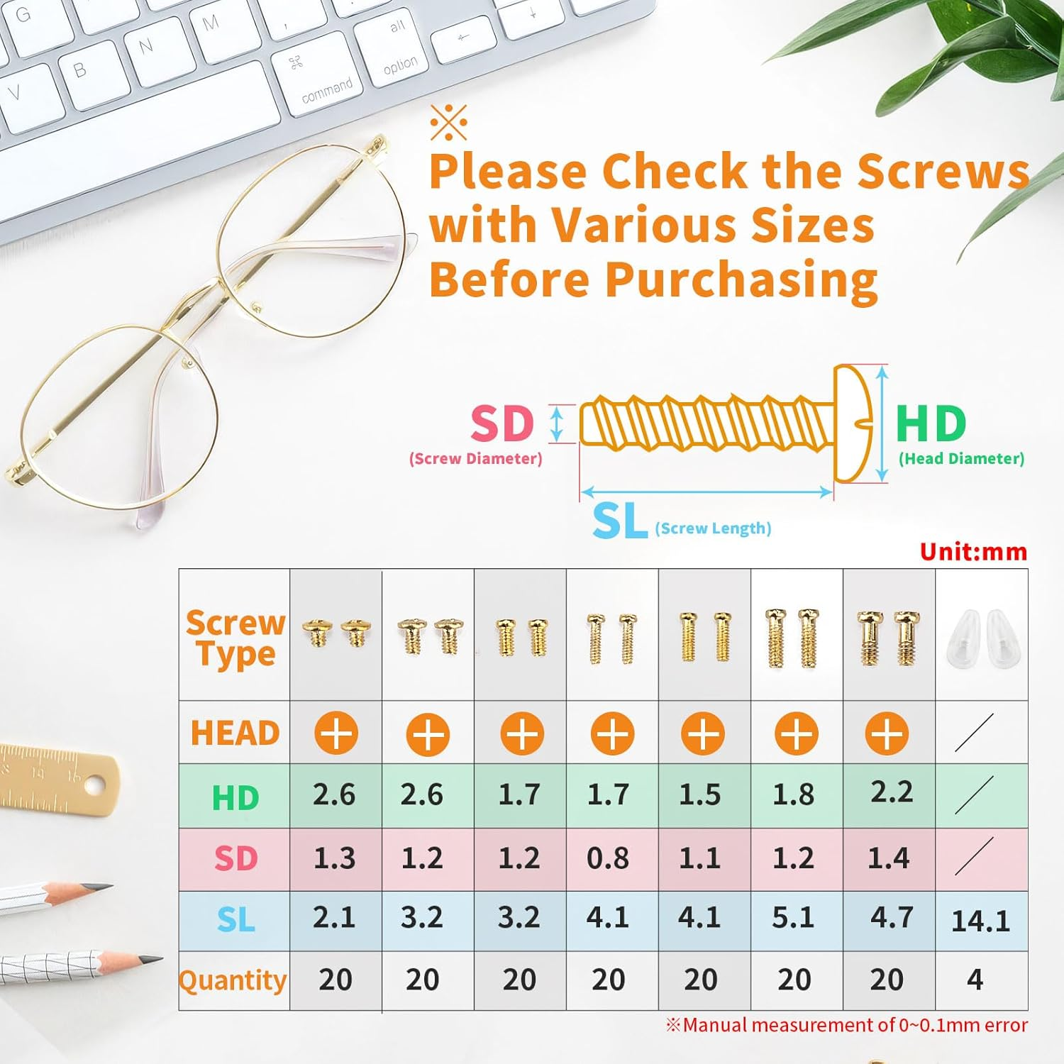 Sunglasses Eyeglasses Repair Kit 140PCS Gold Tiny Stainless Steel Screws and 2 Pairs Nose Pads with Micro Screwdriver Tweezer for Watch Clock Spectacle Eyewear Repair image number 6