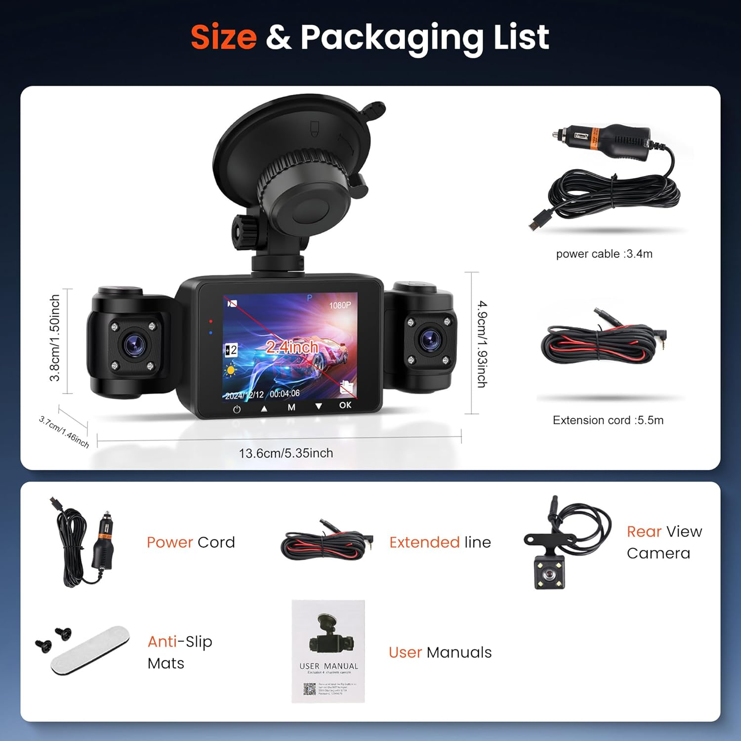 Dash Cam 4 Channel Front and Rear inside Side, Four Way Dashcam for Car, 1080P, 360 Full Protection, Night Vision, Loop Recording, G-Sensor, Parking Aid, 24H Parking Meter, Rear View image number 4
