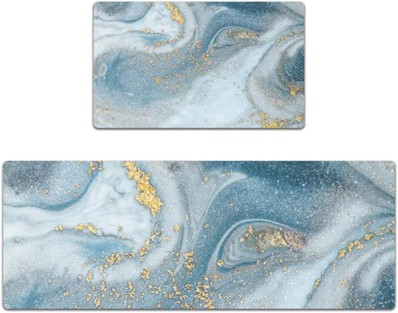 2 Pieces Non Slip Cushioned Kitchen Floor Mat Set,Marble Pattern with Gold Accents, 5Mm Thick PVC Non-Slip Waterproof Kitchen Rugs, 45X75Cm+45X120Cm, Light Blue image number 1