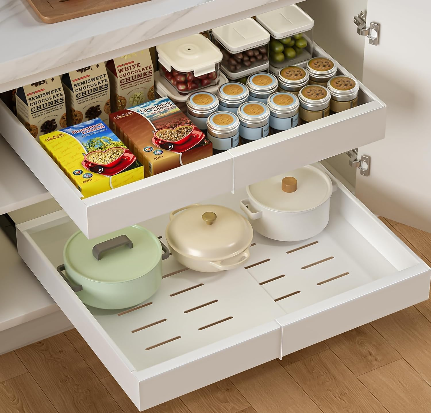 2 Pack Pull Out Cabinet Organizer Expandable, Adhesive with Nano Film, Pull Out Drawers for Cabinets in Kitchen, Pantry or Bathroom(White,17''Deep) image number 6