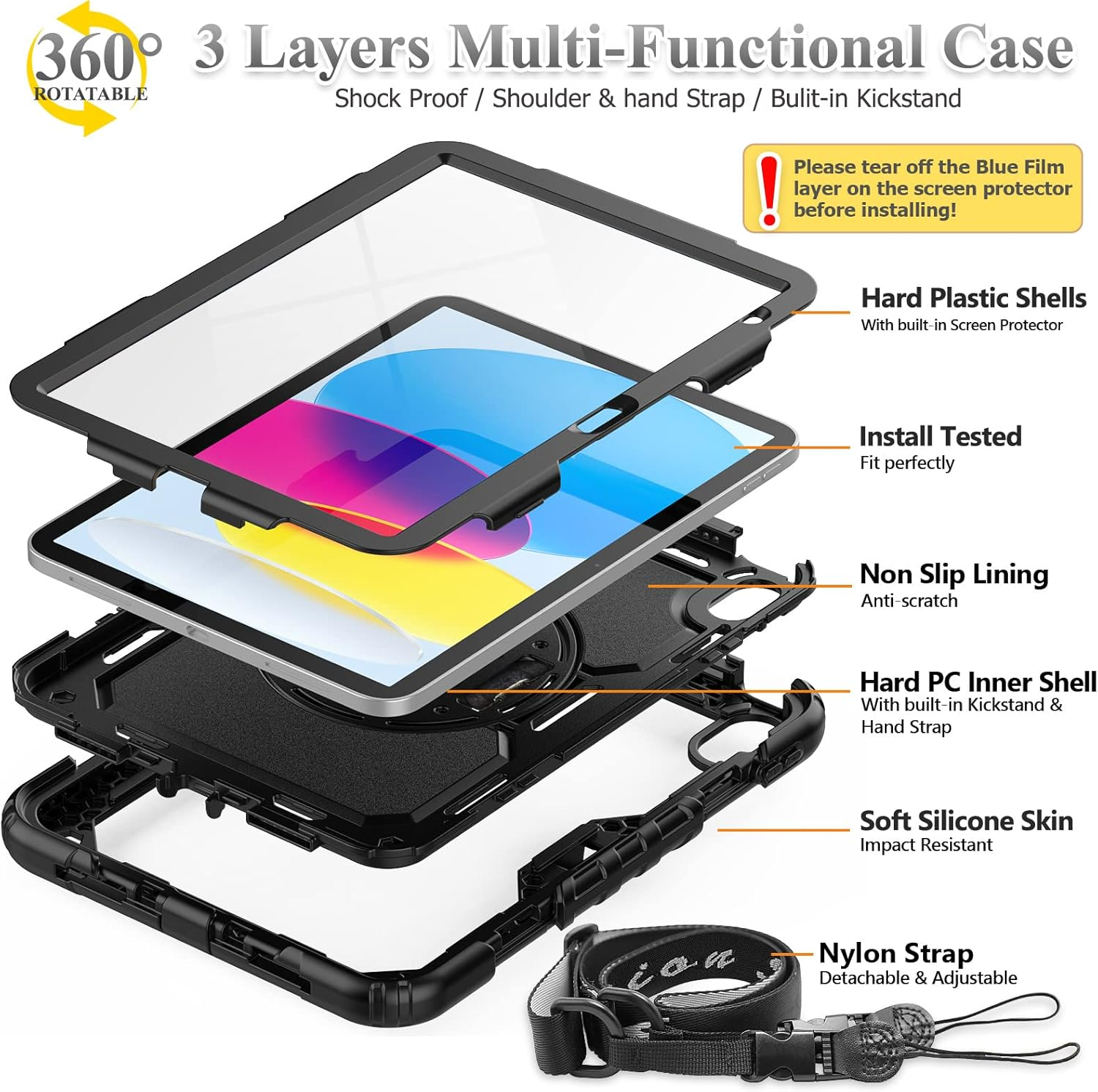 SEYMAC Stock Case for Ipad 11Th(A16) Generation 11" 2025/10Th Generation 10.9'' 2022, Shockproof Case with Screen Protector, 360&deg; Rotate Hand Strap/Stand, Black image number 2