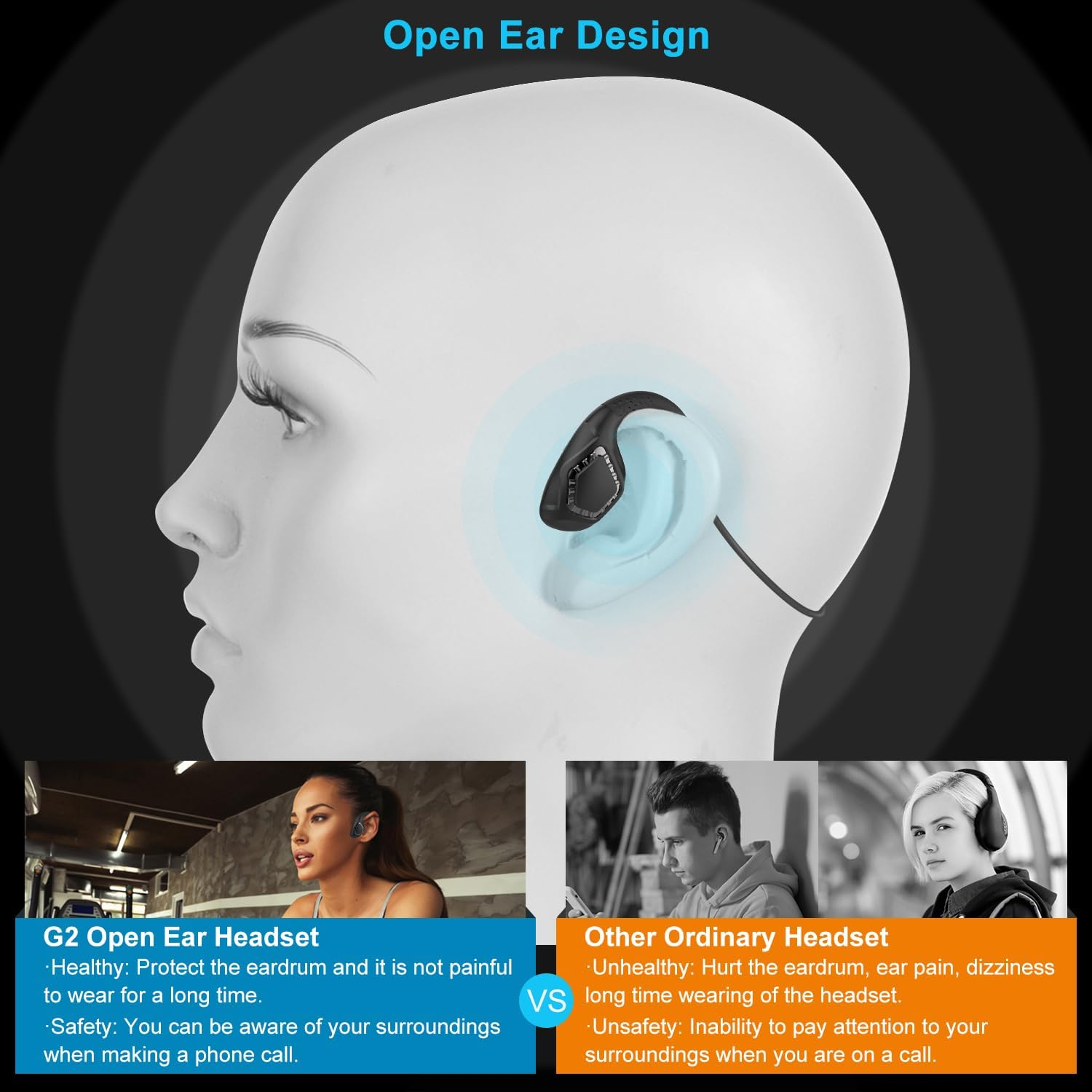 Idigmall Latest Bluetooth 5.2 Headset W/ CVC8.0 Noise Cancel Mic Boom, Open-Ear Air Conduction Wireless Stereo Headphones, All Day Comfortable Fit for Office Riding Driving Running Student Learning - Black image number 6