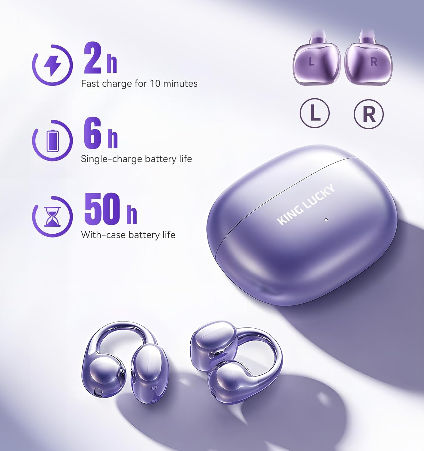 King Lucky Open Ear Earbuds Wireless Bluetooth 5.4 Clip-On Headphones with Mic - 50H Playtime, Ipx5 Waterproof - Ideal for Sports & Workouts, Comfortable for Small Ears & Glasses Wearers (Purple) image number 6
