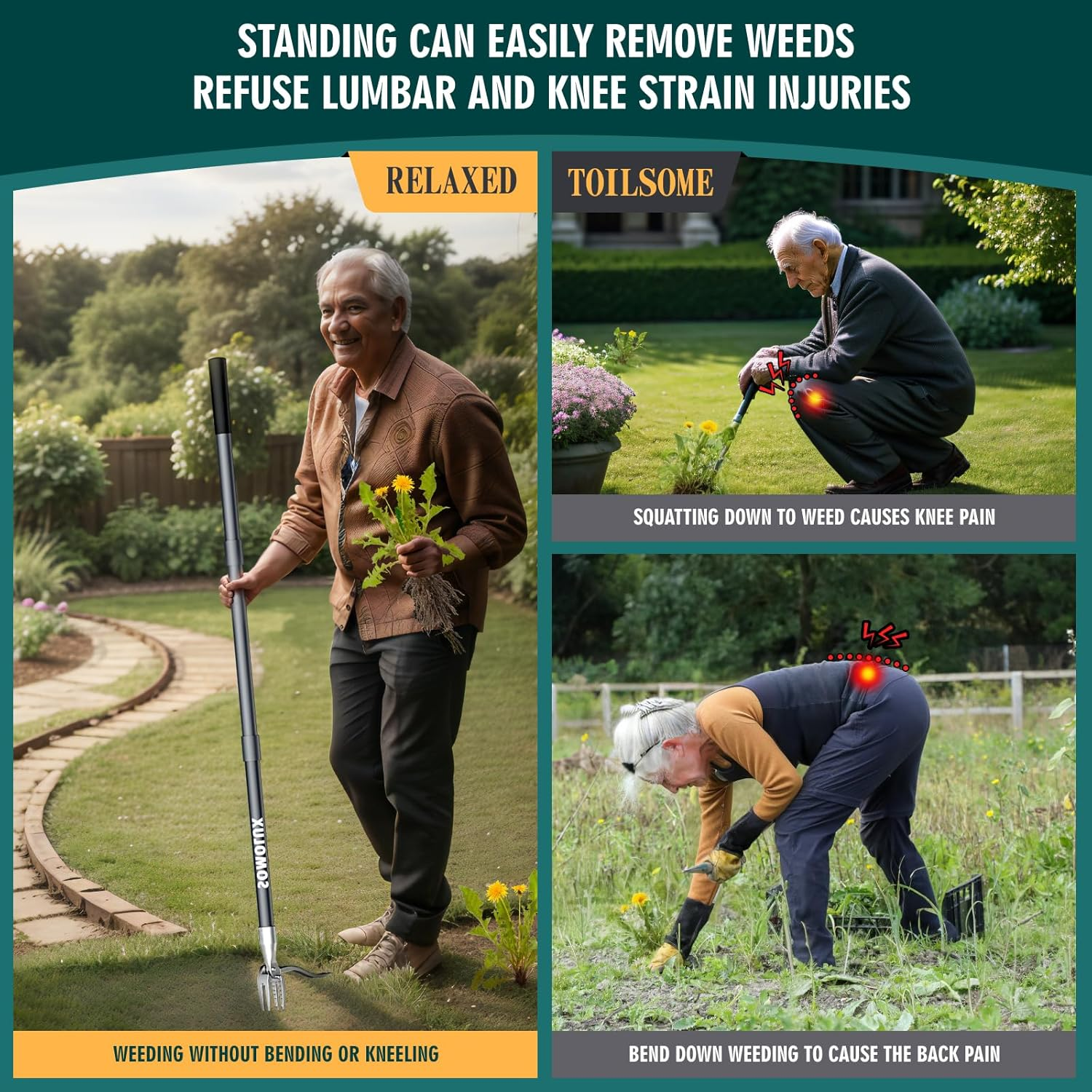 SOMOLUX 52'' Weed Puller Tool Stand-Up Weeder with Metal Long Handle/Stainless Steel Claw, Gardening Manual Tool Weed Gripper/Picker/Remover No Bending/Kneeling to Remove Dandelion Form Lawn Patio image number 2