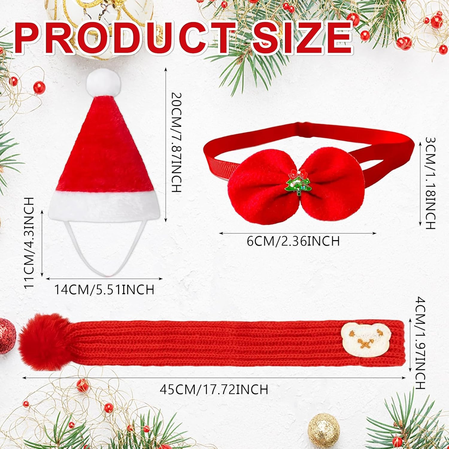 3 Piece Christmas Pet Dog Cat Outfit with Knitted Scarf, Santa Hat and Bow Tie, Festive Season, Red, Suitable for Small and Medium Pets image number 3