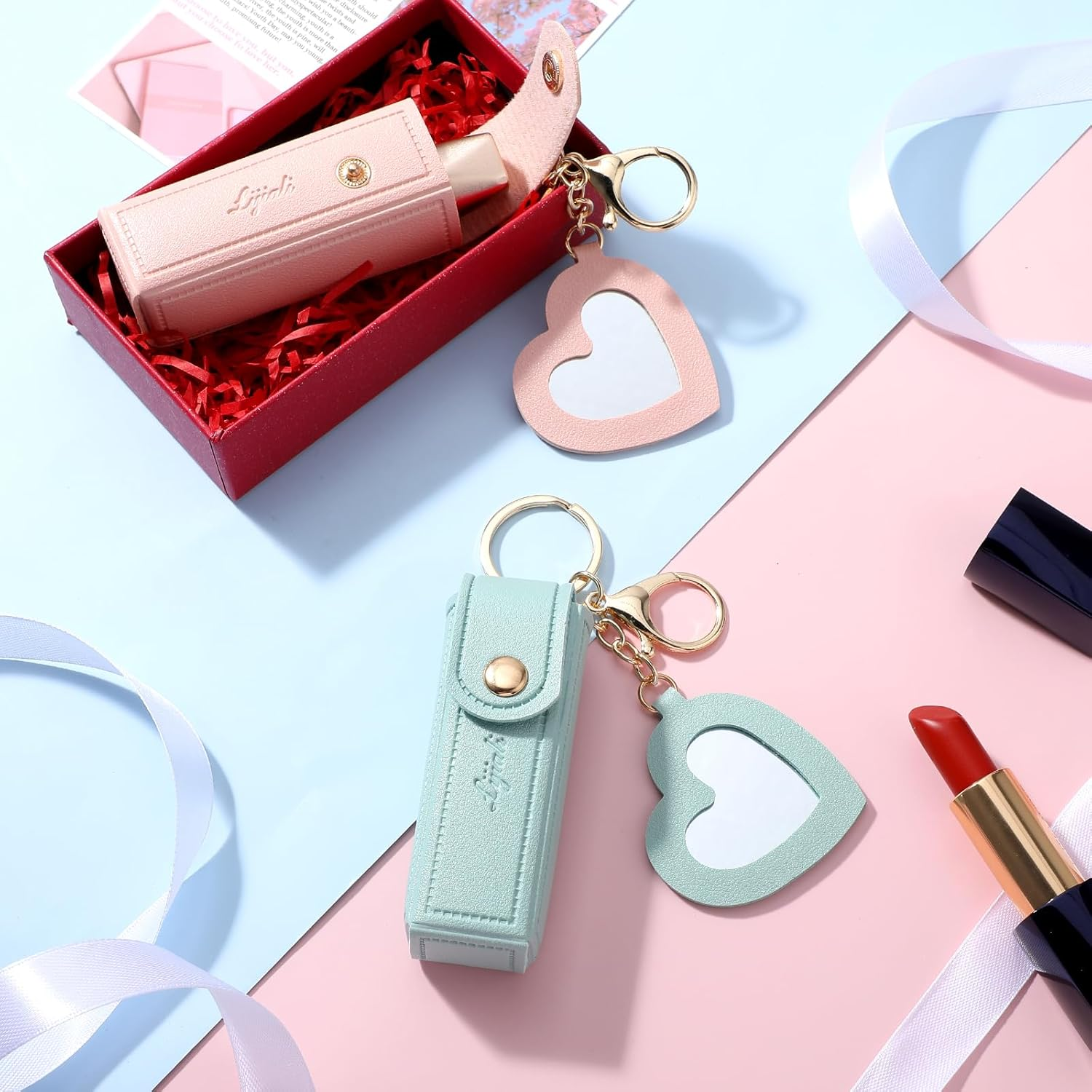 Ouligay 2 Pieces Leather Lipstick Cases Portable Lipstick Keychain Holder Chapstick Holderchapstick Keychain Holder for Women Party,Holiday Gifts(Green,Pink), Green,Pink image number 2