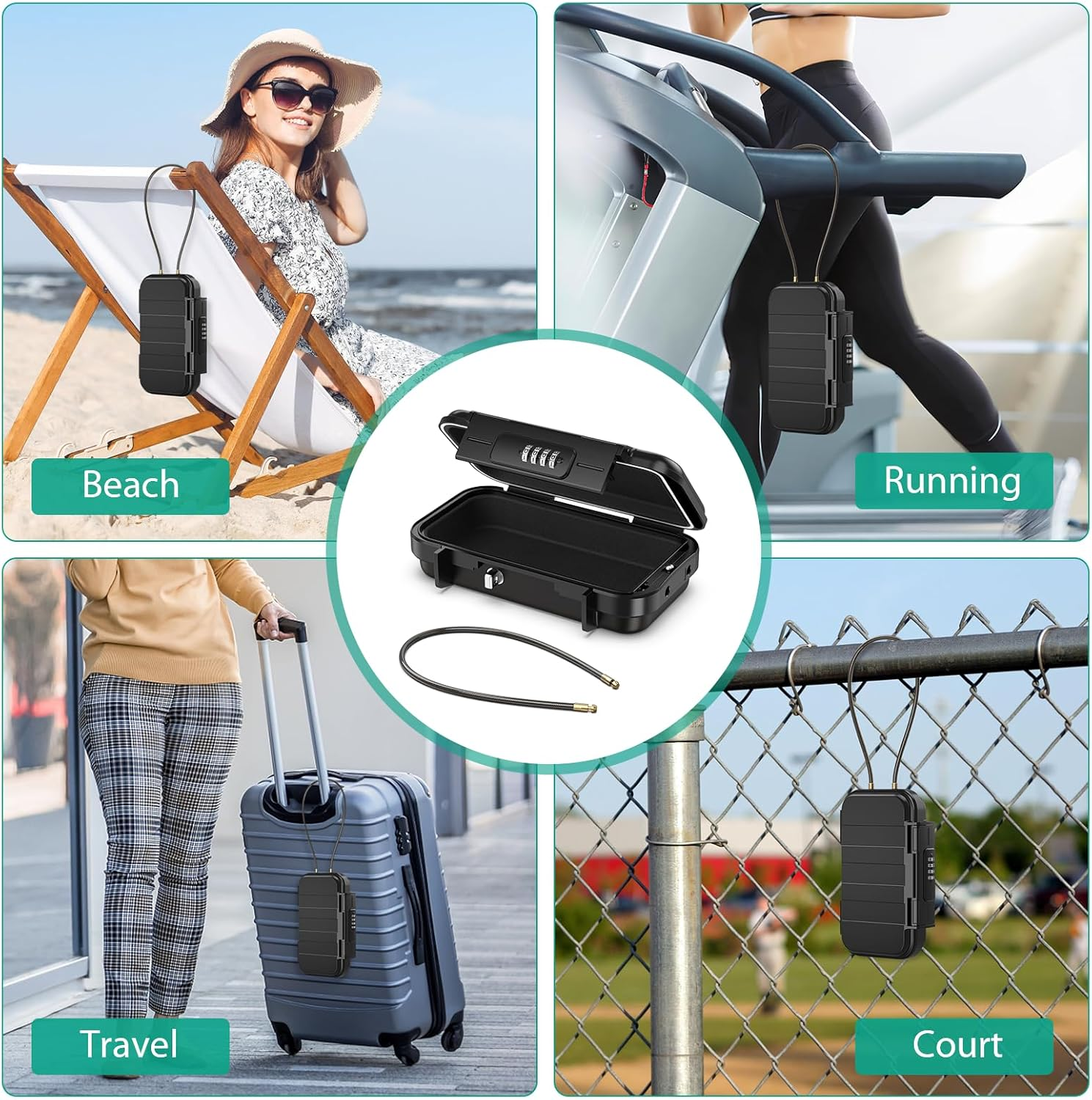 ORIA Portable Safe Box, Security Lock Box, Safe Lock Case with 4-Digit Code, Removable Wire Rope, Waterproof Key Lock Box for Passport, Credit Card, Phone, for Travel, Home, Office, Hotel, Beach - Red image number 3