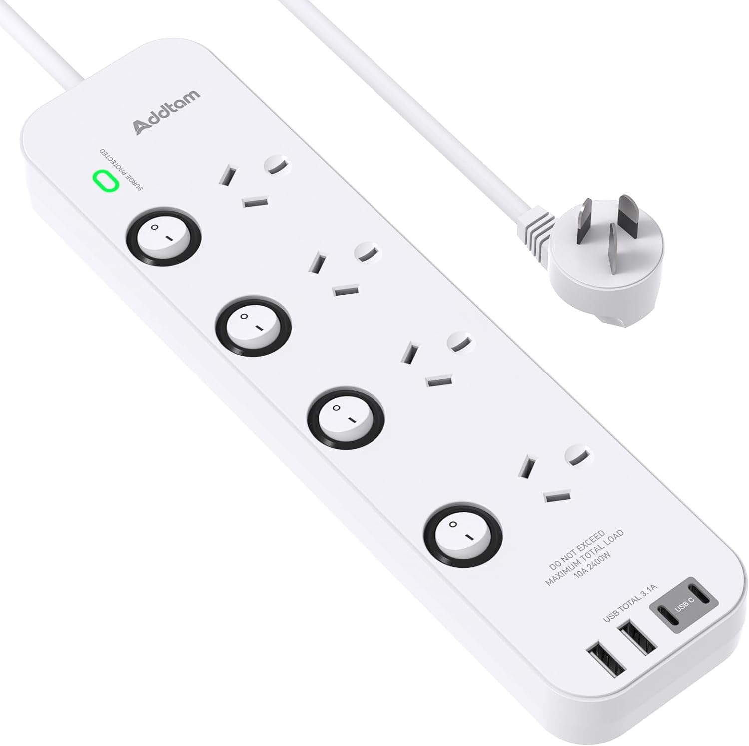 Addtam Power Board Individual Switch,Power Strip with 4 AC Outlets, 2 USB a and 2 USB C,Surge Protector 1.2M Extension Cord, 350 Joules,Overload Protection,Powerboard for Home and Office Use (White) image number 2