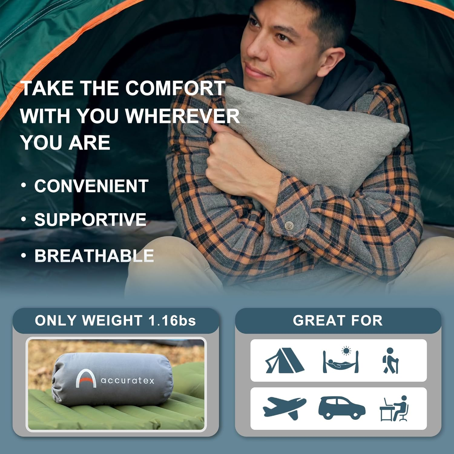 ACCURATEX Camping Pillow-100% Cotton Breathable Cover,Shredded Memory Foam Compressible Travel Pillow,Camping&Travel Accessories-Small Backpacking Pillow Camping Essentials for Sleeping,Car&Airplane image number 4