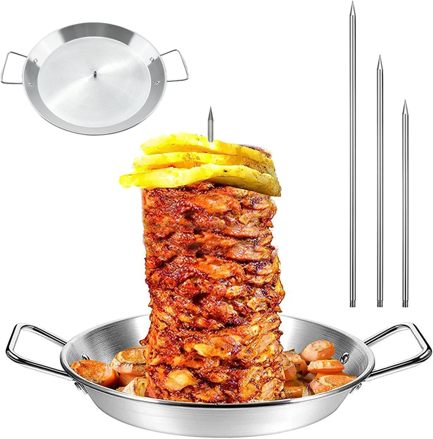 Stainless Steel Pastor Gyro Plate Set &ndash; 20/25/30 Cm Removable Skewer Stand for Shawarma, Tacos Al Pastor, Chicken, Kebab & BBQ &ndash; Oven & Grill Safe Meat Stacker image number 2
