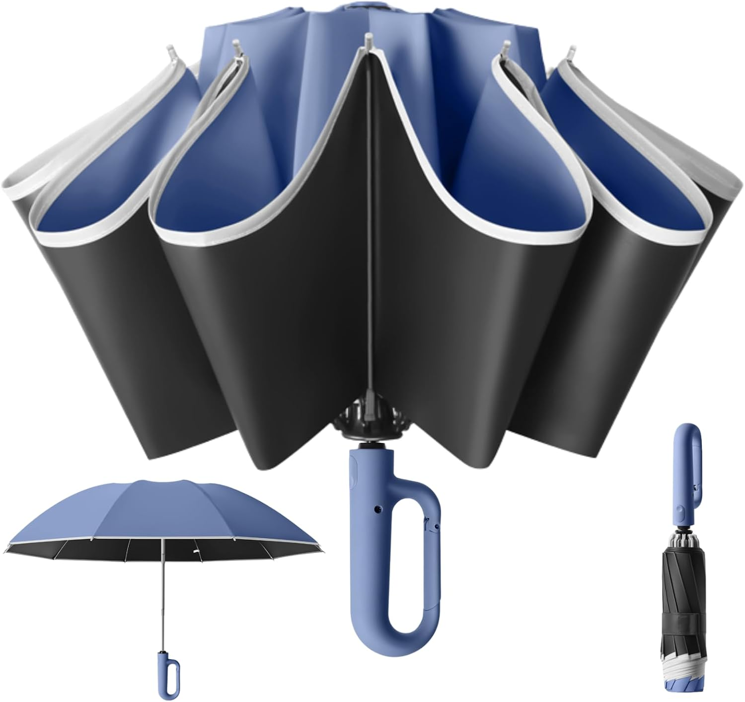 Automatic Extra Large Compact Umbrella with 10-Rib for Sun/Rain, Travel Windproof Folding Parasol with Hooking Handle, Inverted Dry Close and Safety Reflective Strips