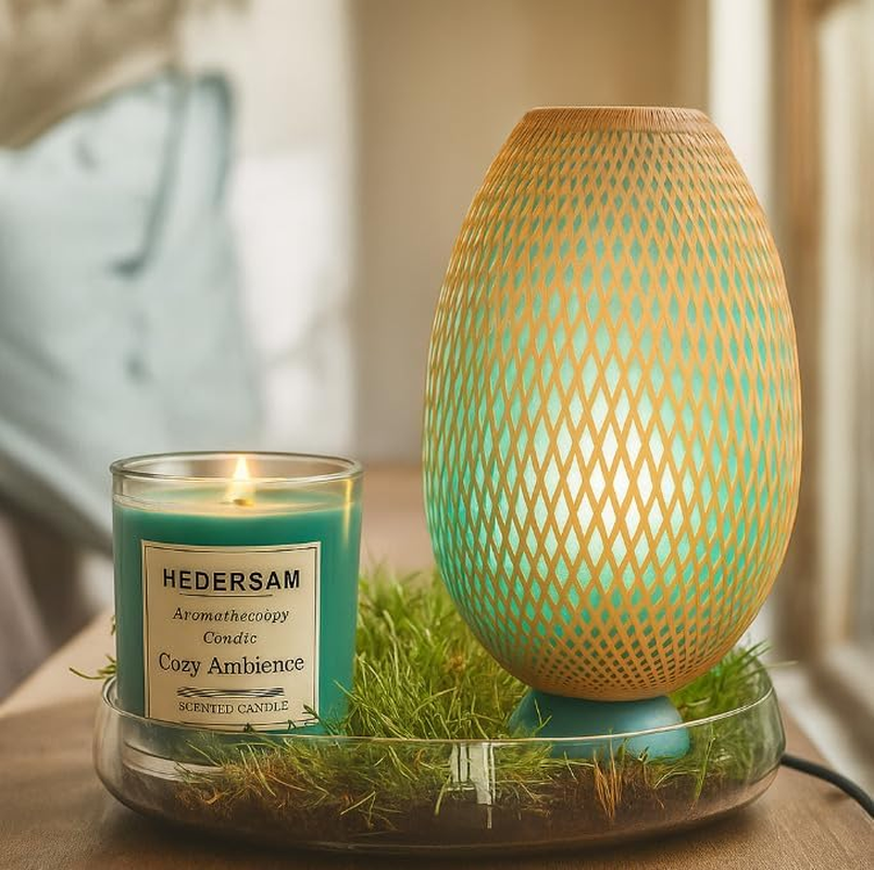 Relax & Glow Boho Set &ndash; Bamboo Table Lamp + 40Hr Scented Candle &ndash; Aromatherapy for Cozy Ambience