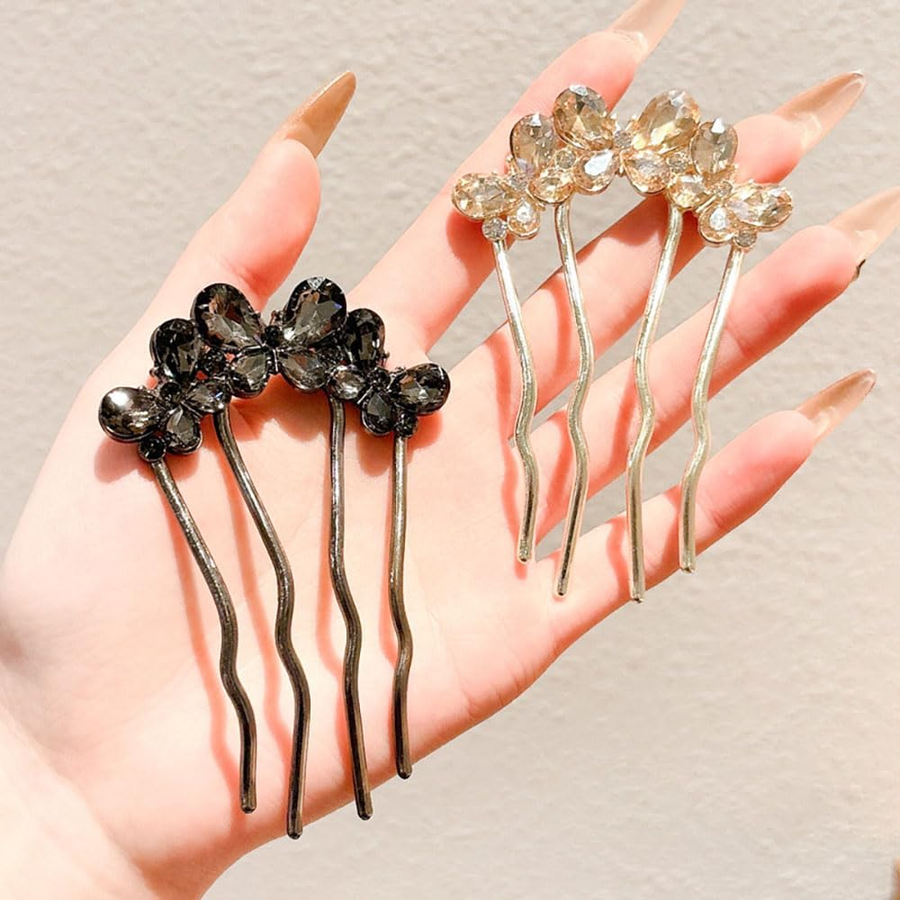Four-Tooth Fork Crystal Butterfly Hair Comb for Inserting Champagne Black Butterflies Hair Combs Rhinestone Butterfly Hair Comb Hair Butterflies Side Comb Hair Combs for Plugging Hair Accessories image number 5