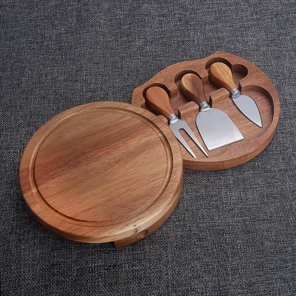 Round Slide-Out Acacia Wood Cheese Serving Board and 3 Piece Cheese Tool Set, 7.5 Inch Diameter, Ideal for Wedding Birthdays Christmas Anniversary Housewarming Kitchen Personalized Gift