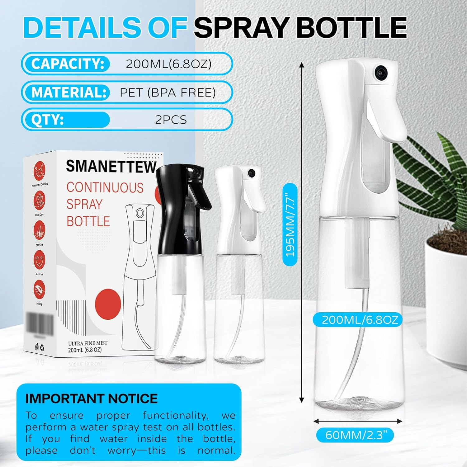 Continuous Spray Bottle for Hair - 2 Pack 200Ml/6.8Oz Empty Ultra Fine Mister Spray Bottles | Plastic Water Mist Sprayer for Hair Styling, Cleaning, Plants, Salons, Misting & Skin Care (White + Black) image number 2