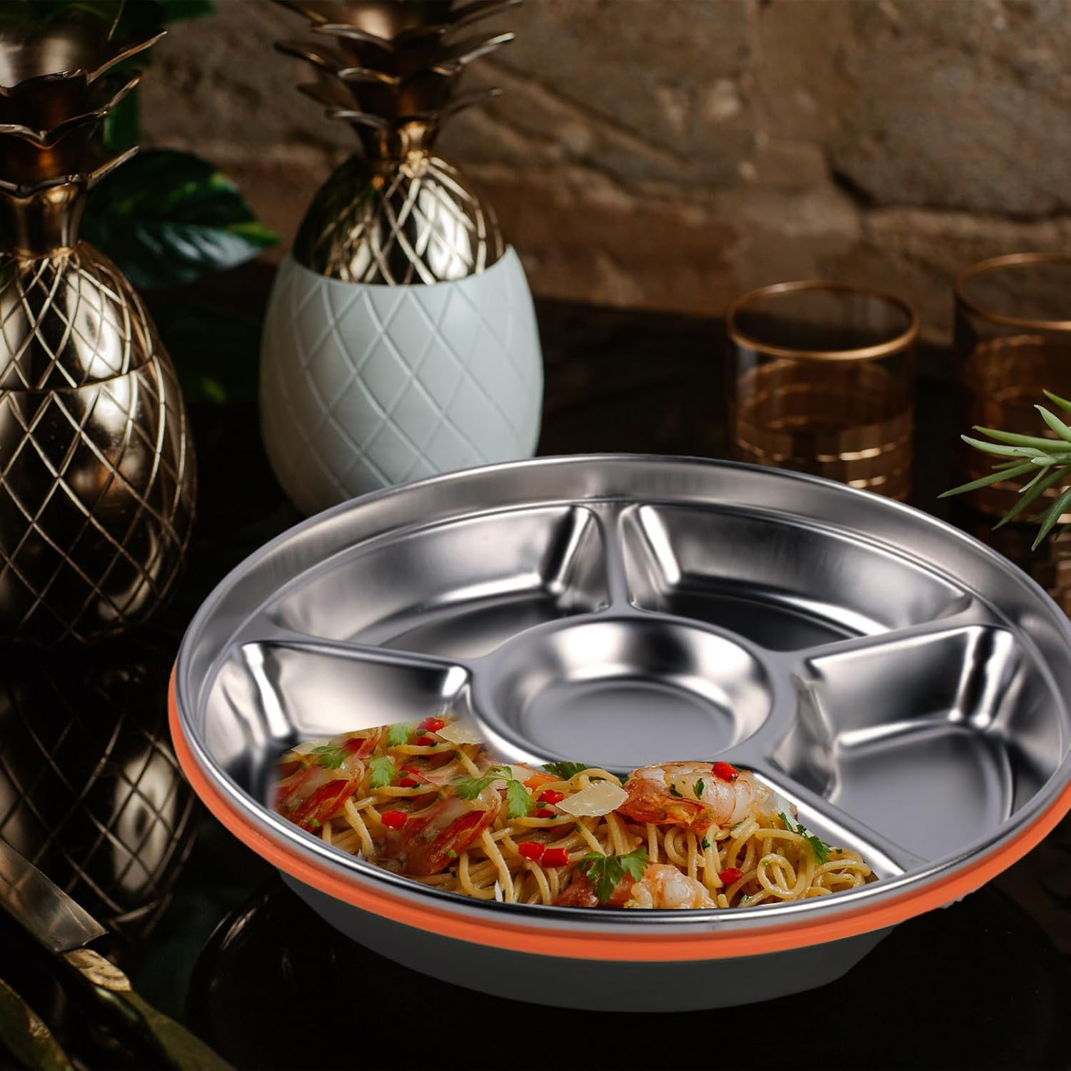 Stainless Steel 5 Compartment 10-Inch 60 Oz Covered Veggie Tray with Divider - Perfect for Parties, Picnics, and Salad - Snack Container with Dip Compartment (PP Material Cover) image number 4