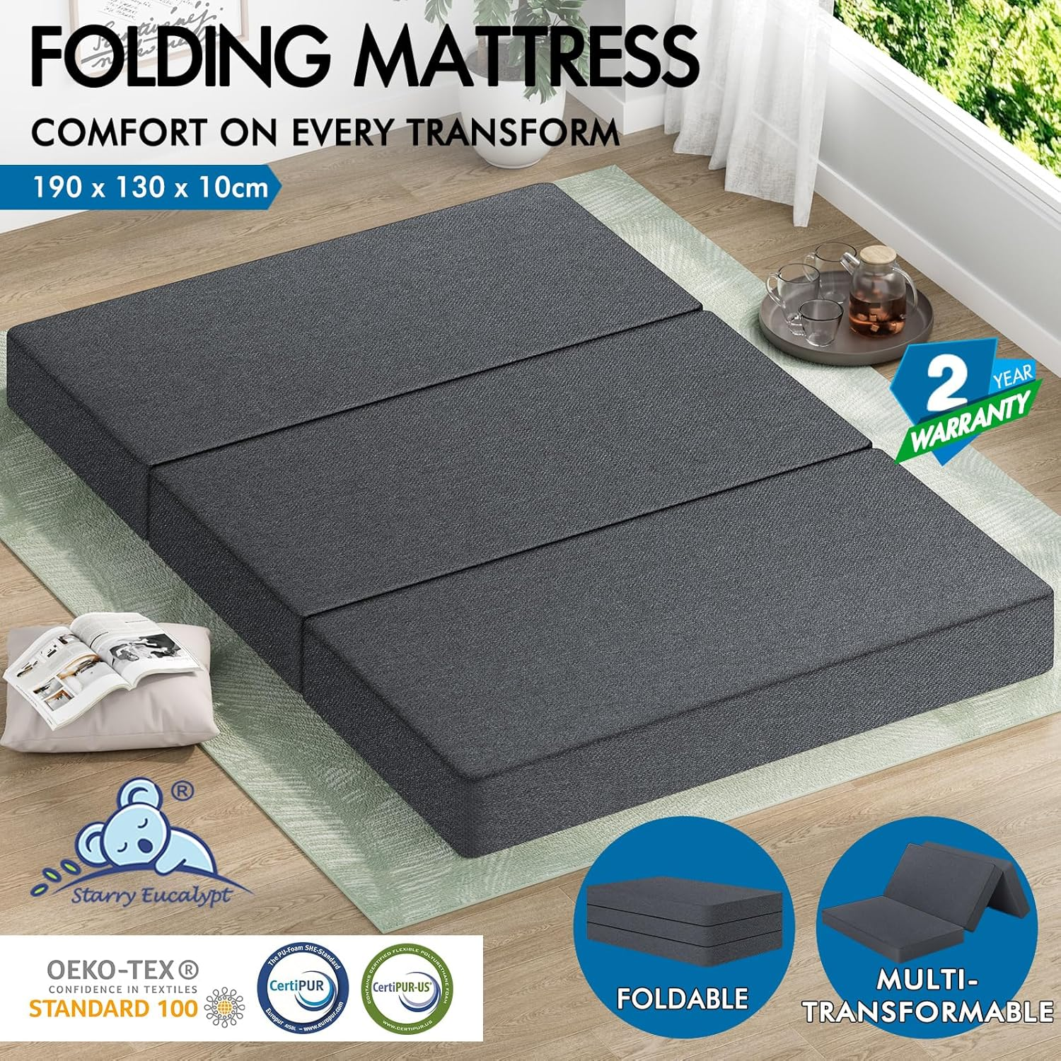 STARRY EUCALYPT Light Grey Folding Floable Mattress Mat Pad 190 X 130 X 10Cm Portable Mattress Floor Bed in Bamboo White for Home Office Camping and Travel Use Tri-Fold Sofa Lounge image number 4