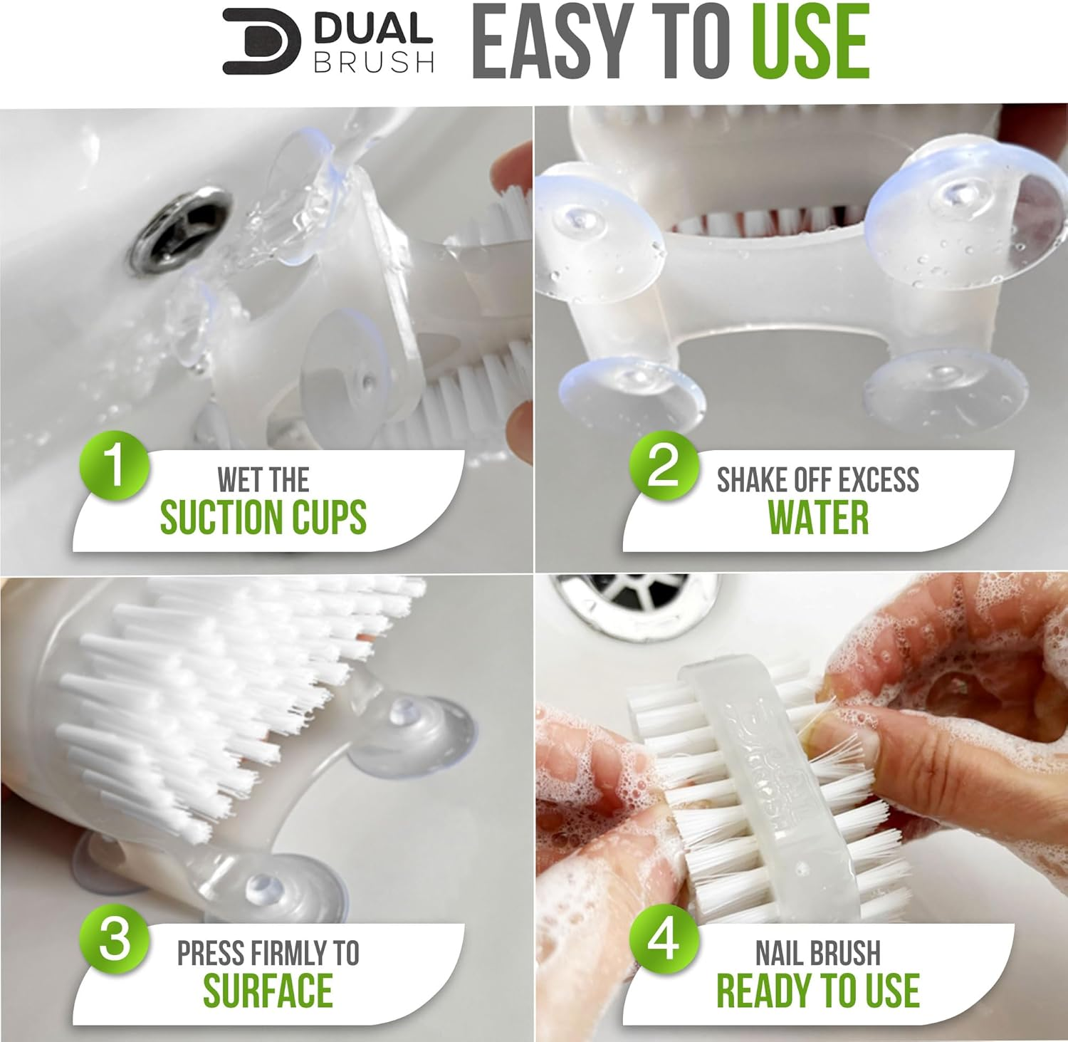 3 X Dual Brush Nail Brush - Hands Free Fingernails Cleaning - Scrub Both Hands at the Same Time - Unique Suction Cup Design - Saves Time, Cleans Nails Easily. Attach to Washbasin, Sink, Bath (3 Pack) image number 4