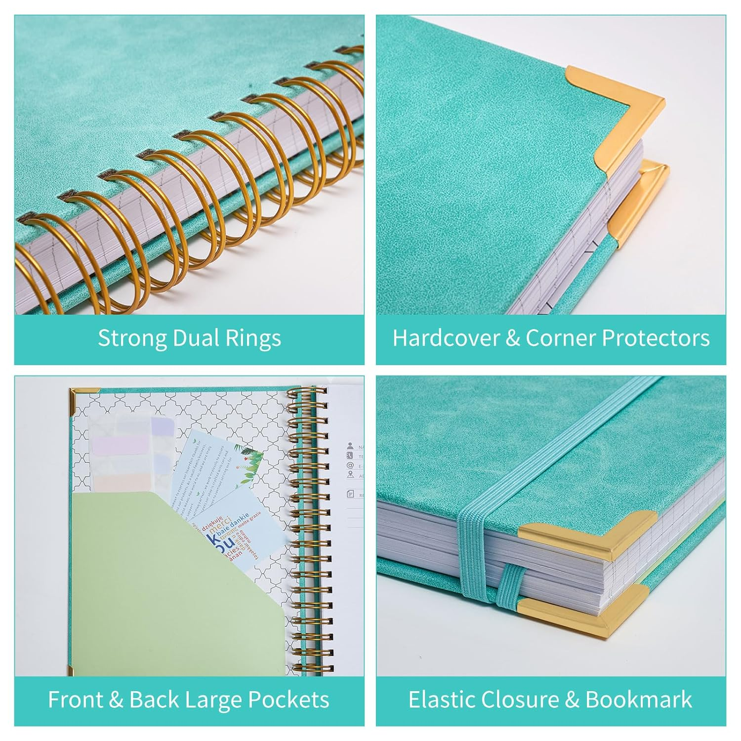 Spiral Notebook, 365 Page Hardcover Leather Notebook Journal, Large B5 Lined Journal for Women Men, College Ruled Notebooks for Work School, Journals for Writing, 24Pcs Index Tabs, 8" X 10", Blue