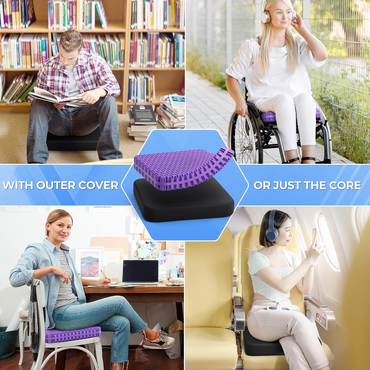 Gel Seat Cushion for Long Sitting, Enlarged and Thickened Design Chair Cushion, Breathable Cooling Seat Cushions for Office, Home Chairs, Soft Car Seat Cushion for Wheelchair (Purple-Xl) - Light Blue-Xxl image number 5
