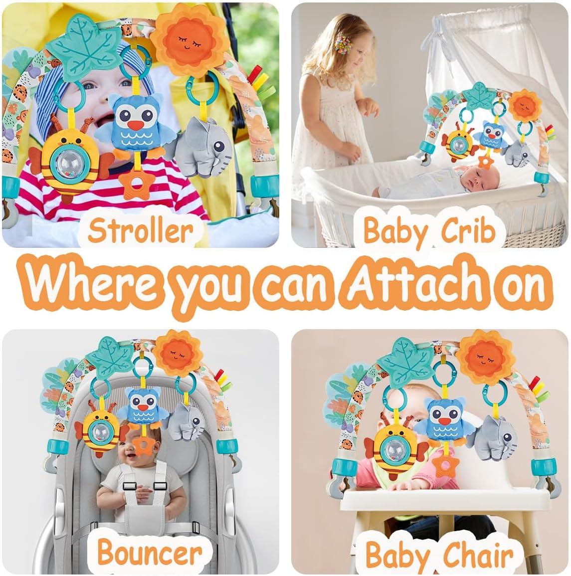 Baby Arch Activity Toy for Infant ＆ Toddlers, Fits Stroller, Car Seat and Bassinest, Baby Adjustable Crib Hanging Toy with Rattles, Stimulates Baby'S Senses and Motor Skills Development(Animals) image number 2