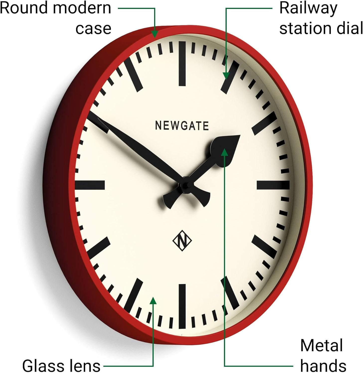 NEWGATE&reg; Number Three Railway Wall Clock - round Clock - Kitchen Clock - Clocks for Living Room - Office Clock - Contemporary Case - Marker Dial - Station Clock (Fire Engine Red) image number 1