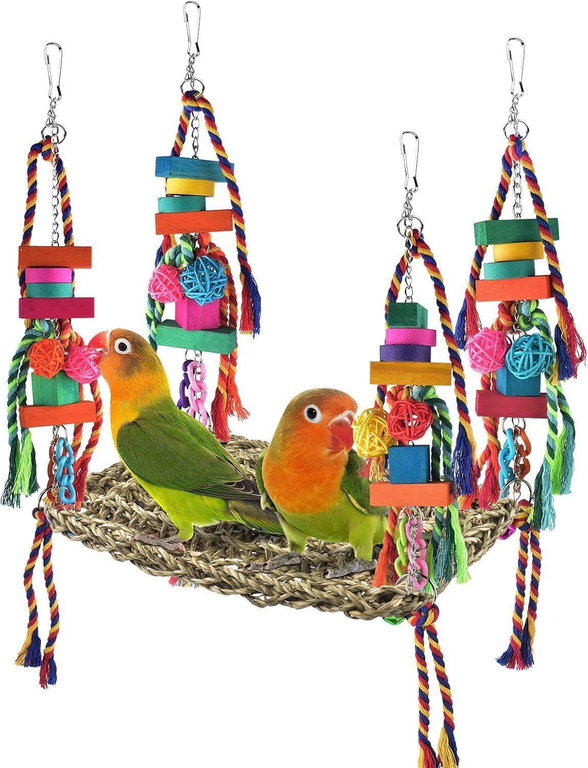 Bird Toys, Bird Foraging Wall Toy Large Size Seagrass Woven Climbing Hammock Swing Mat with Colorful Chewing Toys for Lovebird, Parakeet, Budgie, Conure, Cockatiel, Small Birds