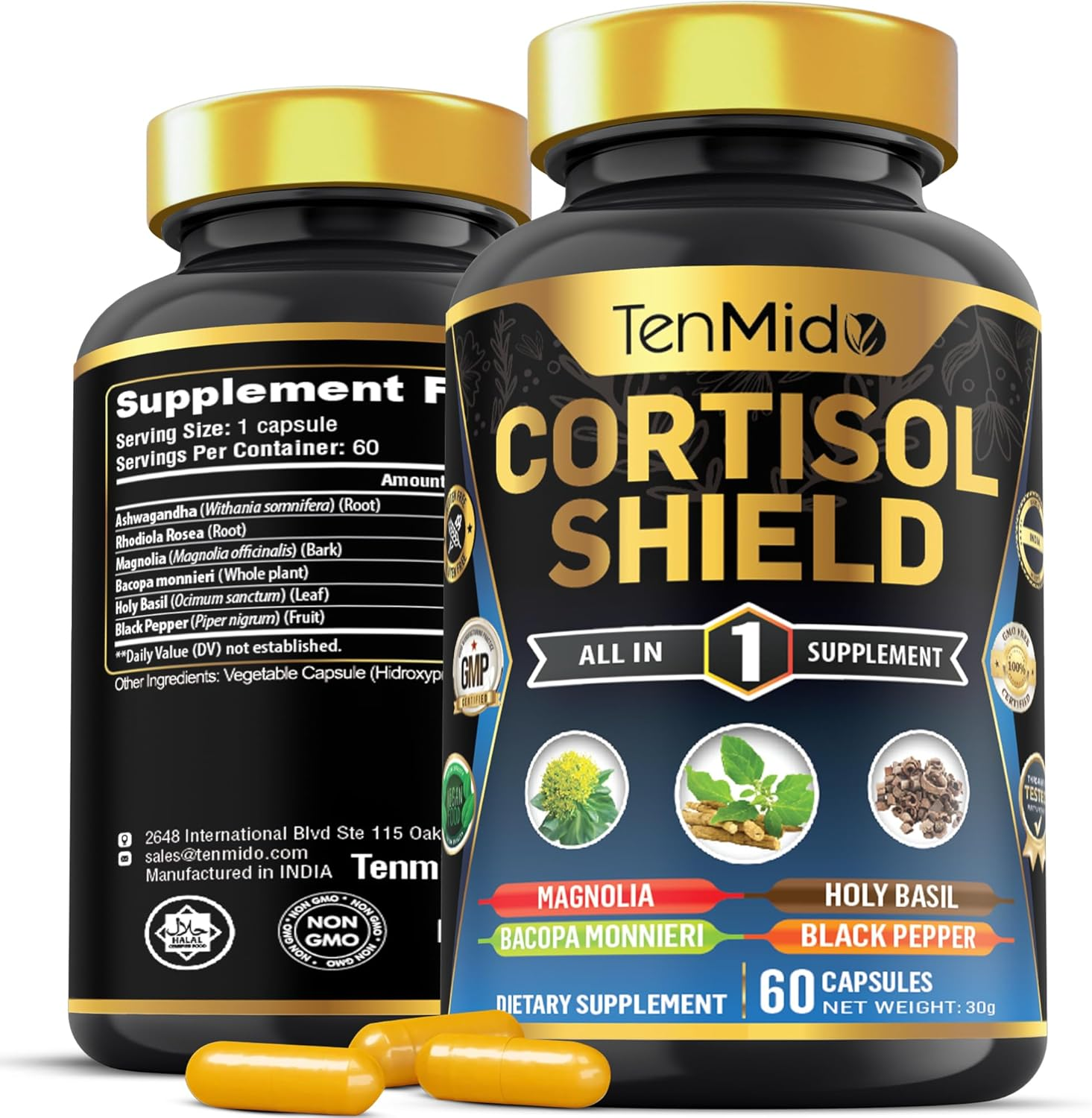 Cortisol Shield Supplement - 6In1 with Ashwagandha, Rhodiola Rosea, Magnolia, Bacopa, Holy Basil & Black Pepper - 60 Vegan & Non-Gmo Capsules image number 3