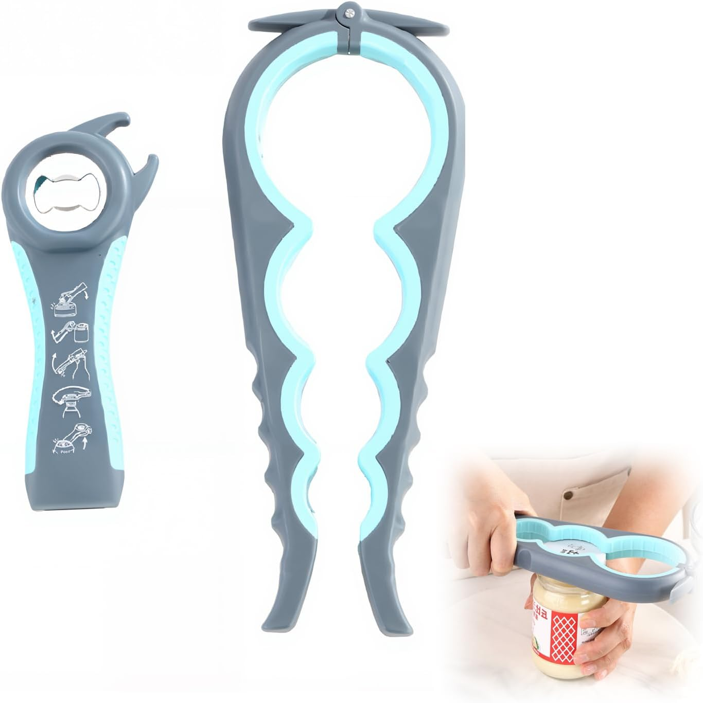 Multi-Functional Jar Opener, Bottle Opener, and Can Opener, for Weak Hands, Seniors with Arthritis, and Anyone with Low Strength, Easy Grip, Non-Slip Kitchen Tool for Various Lid Sizes (Blue and Grey)