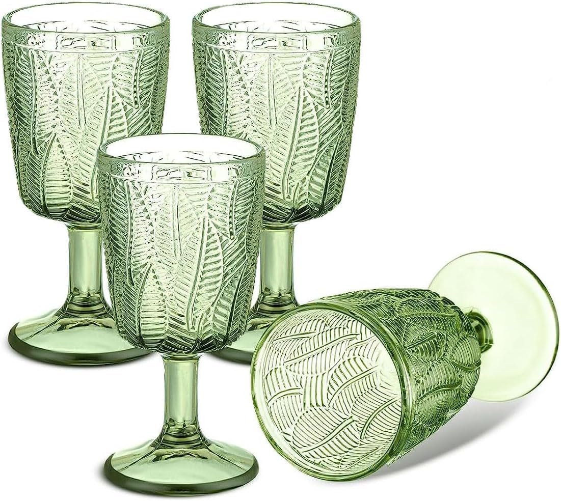 HZIYOU Vintage Green Wine Glasses Set of 4, 11 Oz Colored Glass Drinkware Sets, Embossed Floral Pattern Non-Slip, Unique Vintage Glasses Drinking, Goblet Glasses, Wedding, Party, Bar, Dinner (Green) image number 3