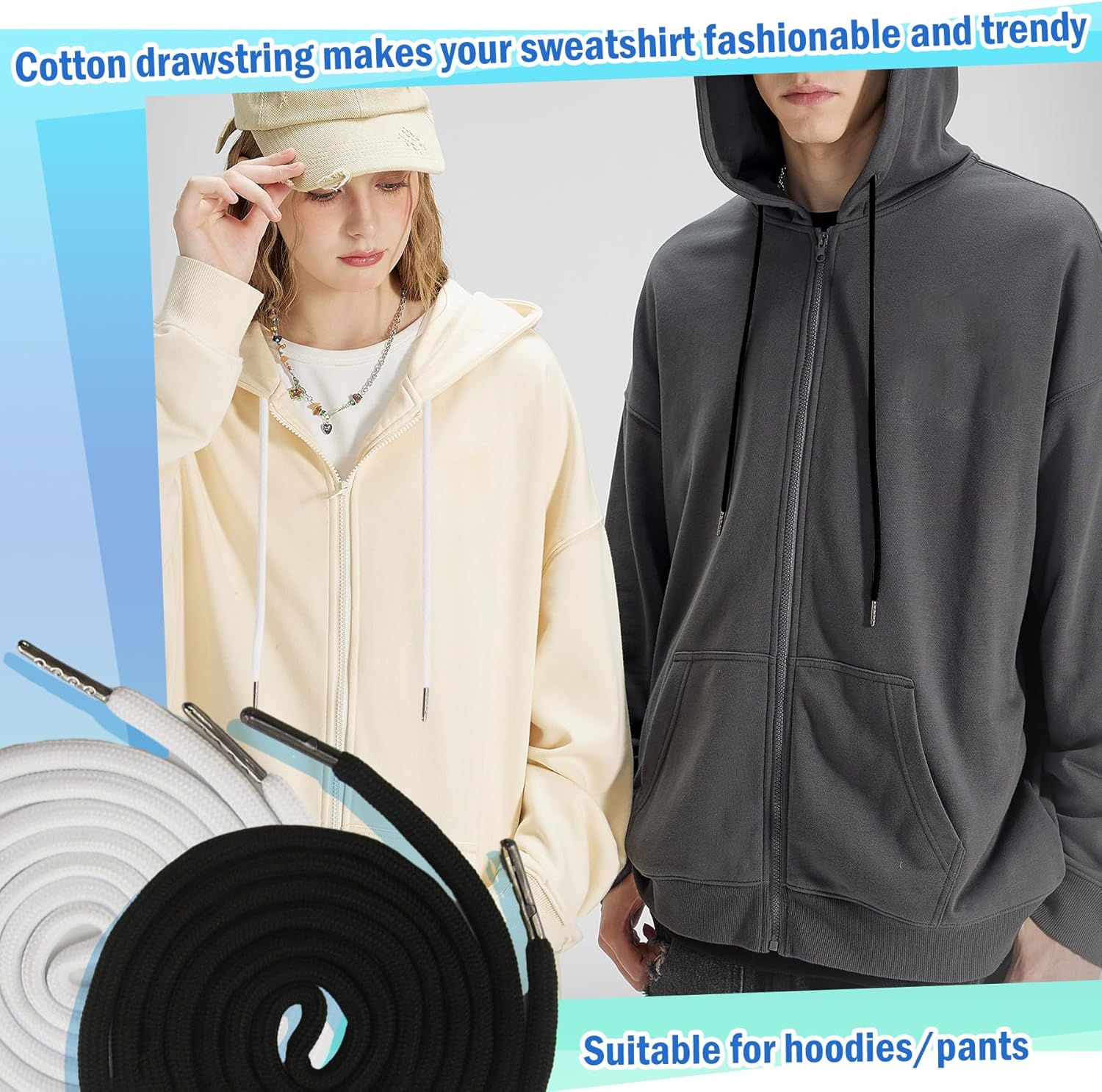 EKIND 2PCS 51 Inch Long Universal Drawstring Cords Replacement with 1PC Easy Threaders, Suitable for Sweatpants,Shorts,Hoodie String, Simple and Durable(Black + White Cord, round Metal Head) image number 3