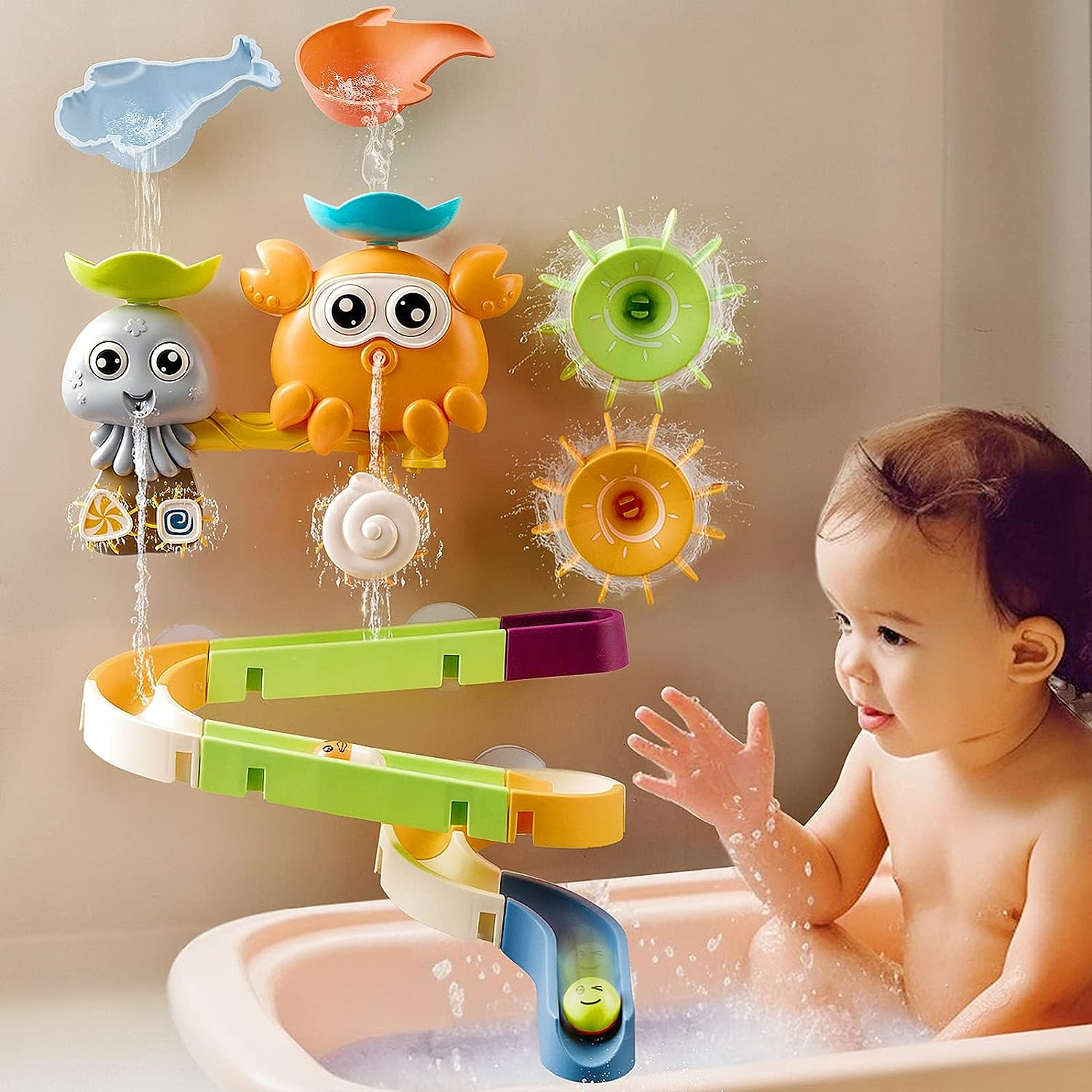 OR or TU Bath Toys Bathtub Toy Slide Water Toys Crabs Octopus Bath Toy Suction Cup Fidget Spinner Bath Toys for Toddlers Age 3 4 5+ Year Old image number 1