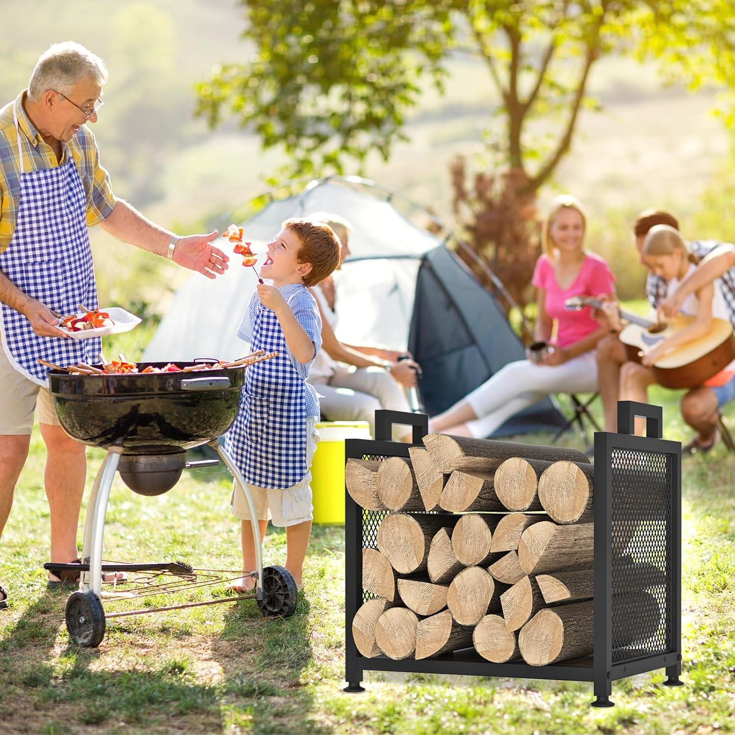 Firewood Rack for Indoor, Heavy Duty Fire Wood Racks Holder, 17.32" Metal Wood Storage Log Holder with Leather Carrier, Small Firewood Stand for Fireplace Patio Deck, Black image number 3