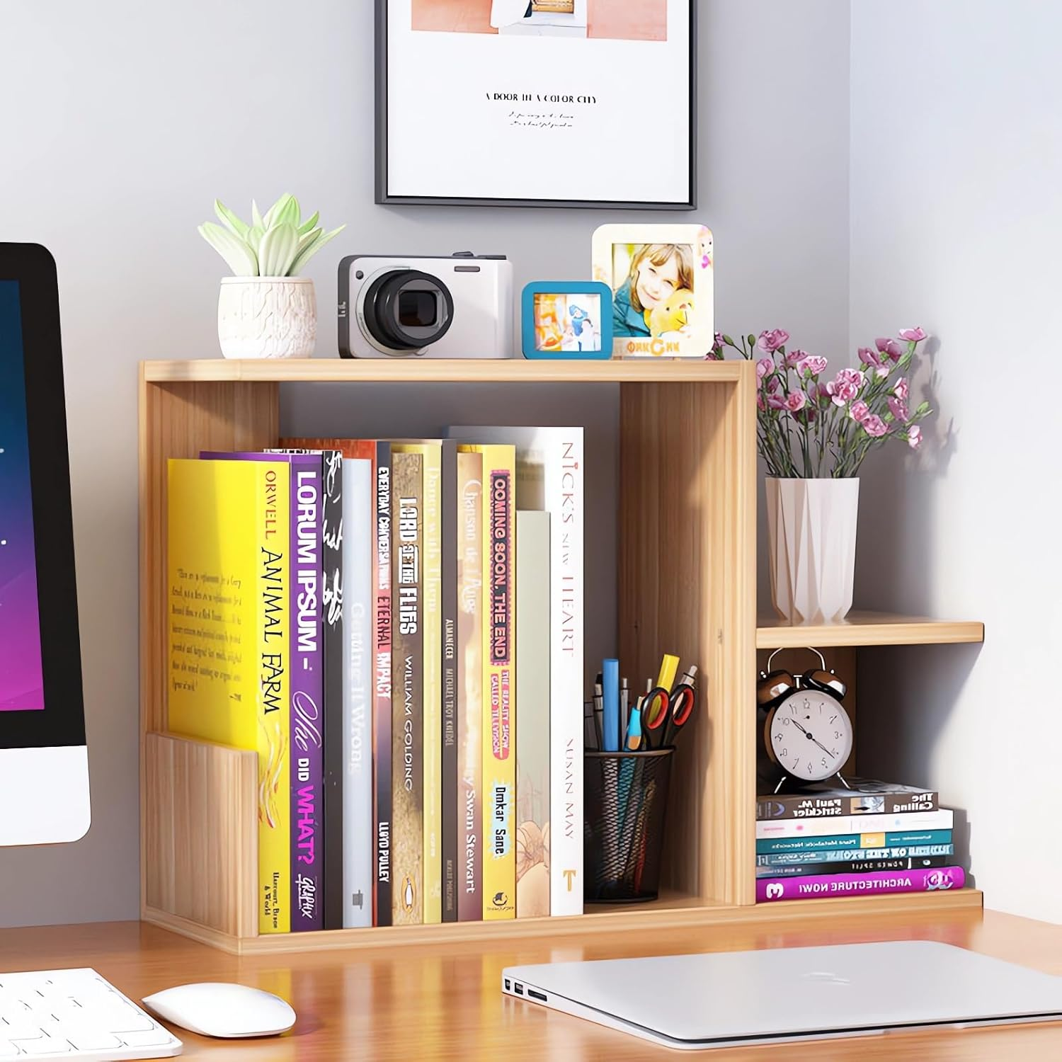 Desktop Wooden Bookshelf Organiser, Small Storage Display Shelf for Books and Decor, 2-Tier Bookcase A209 (White)