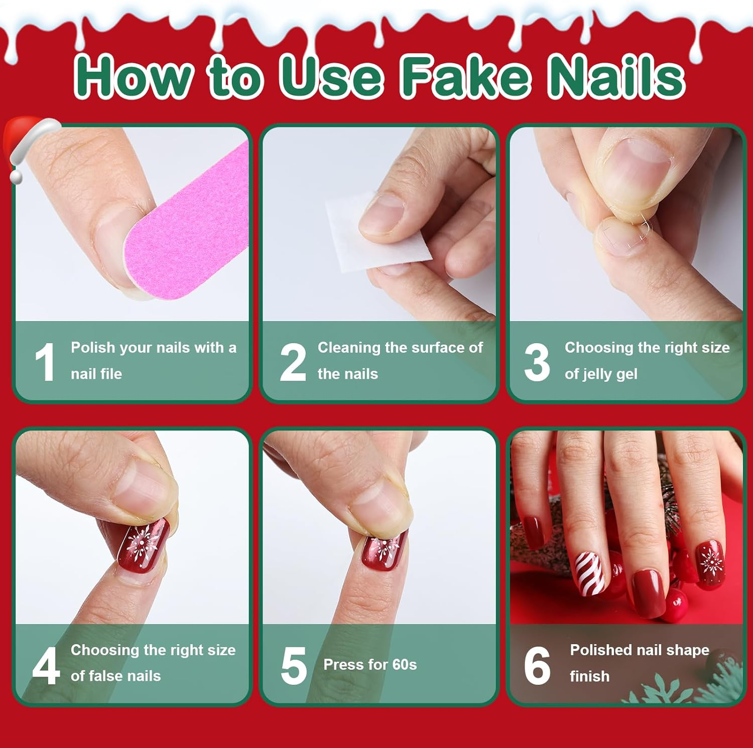 Yazikisa Christmas Press on Nails Short Square Fake Nail Snowflake Xmas Elk Winter Red Glue on Full Cover Glossy Acrylic False Fingernails for Women Girls New Years 24 Pcs image number 5