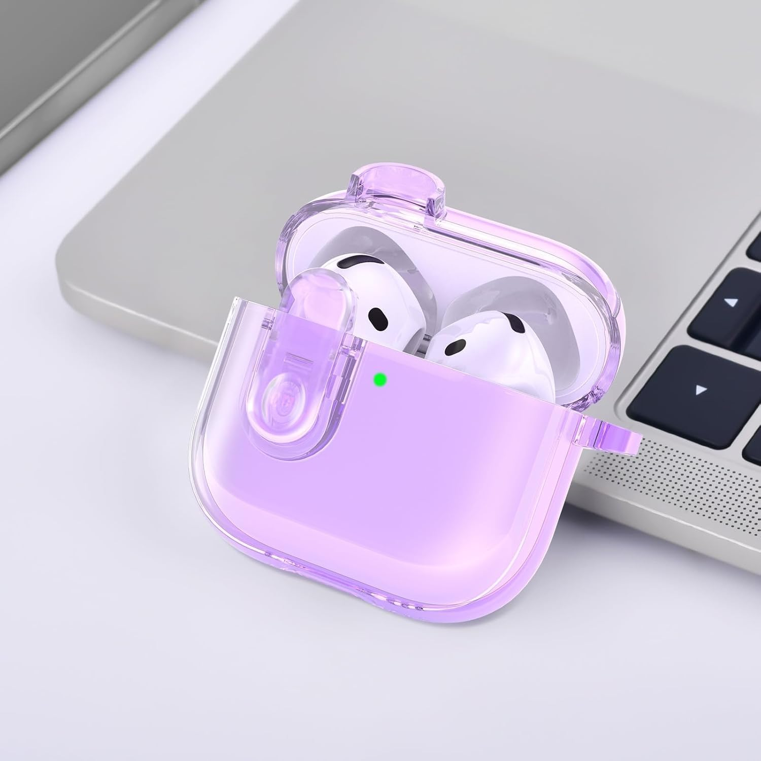 Oiltomn with Safety Lock Cute Clear Case Compatible with Apple Airpods 4 Cases 2024 Women, Soft TPU Transparency for Air Pods 4 Case Ipods 4 Earbuds Case Girl Bling Keychain -Purple - Purple image number 4